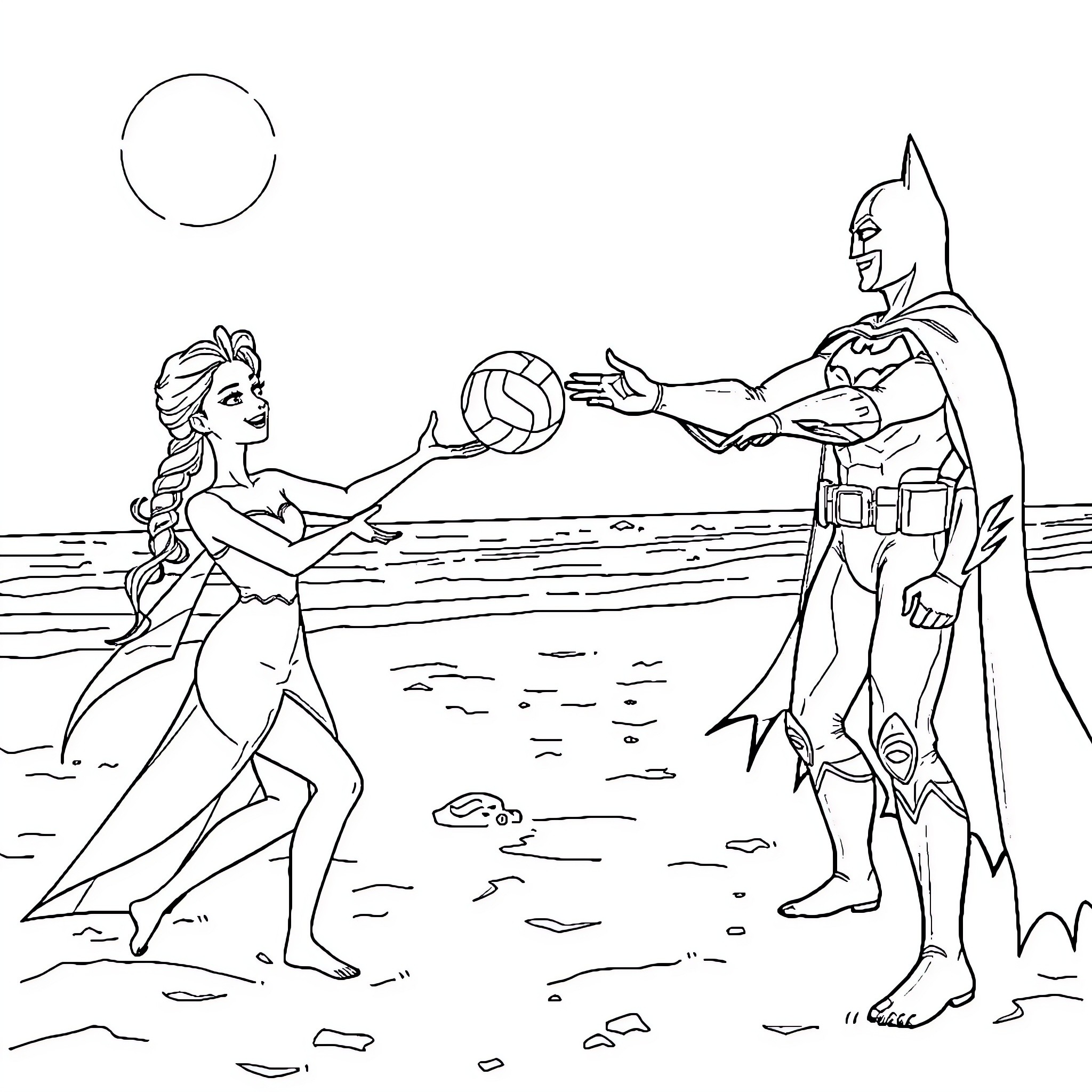Elsa and Batman playing volleyball on the beach Coloring Page (free black-and-white line drawing printable PDF for all, from beginners to advanced learners, including children, teens, adults, and seniors)