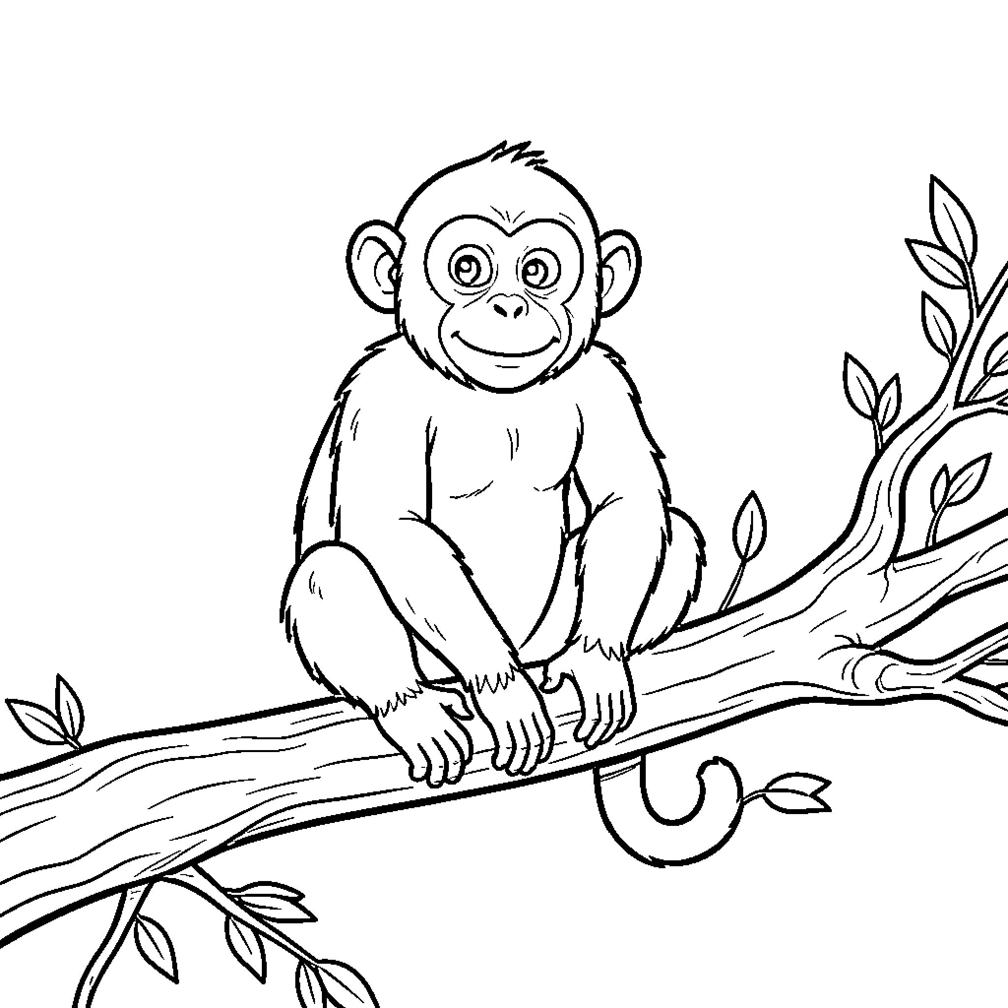 Mono Monkey Perched Playfully on Branch Coloring Page (free black-and-white line drawing printable PDF for all, from beginners to advanced learners, including children, teens, adults, and seniors)