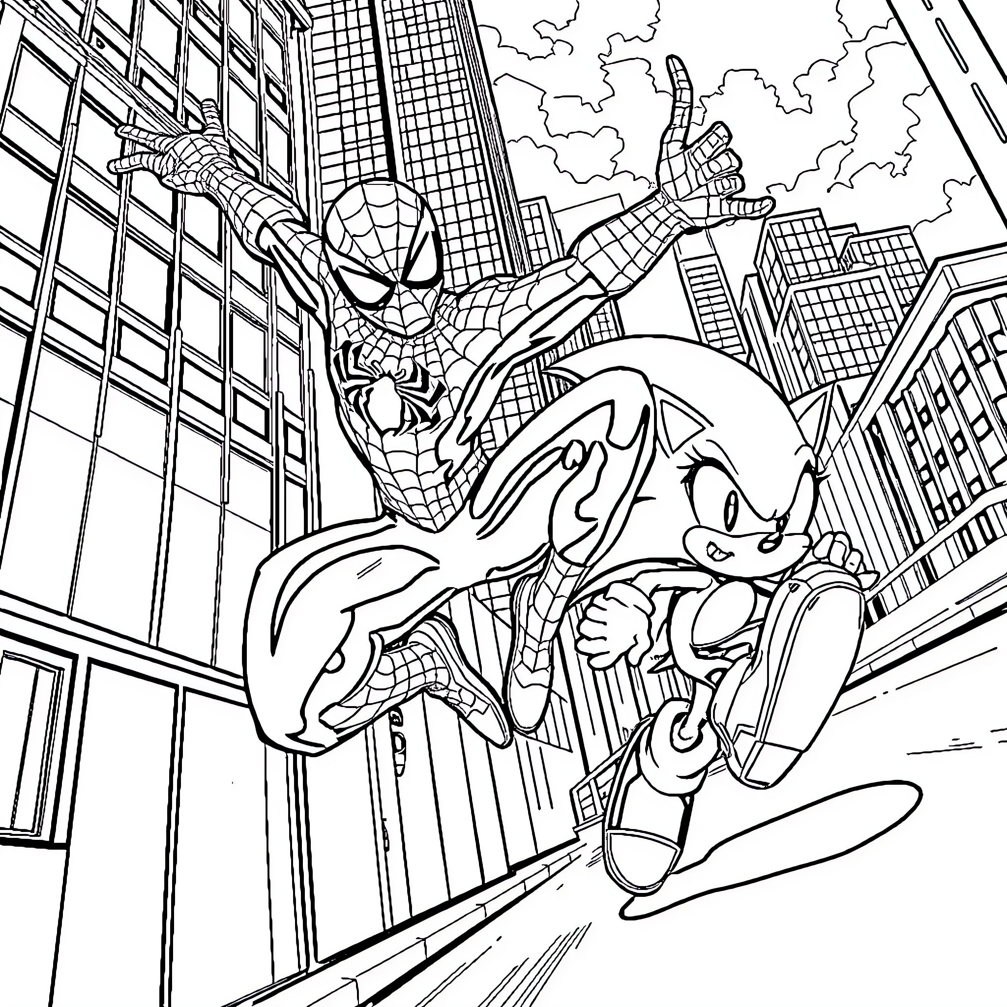 Spiderman swinging through cityscape with Sonic the Hedgehog Coloring Page (free black-and-white line drawing printable PDF for all, from beginners to advanced learners, including children, teens, adults, and seniors)