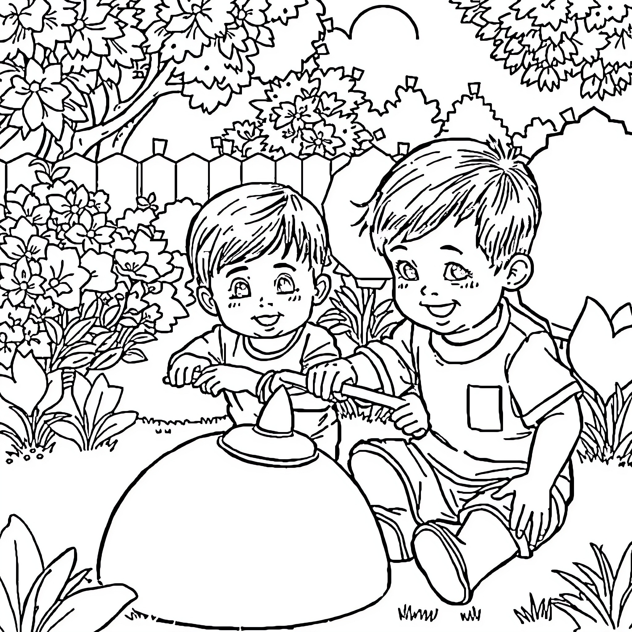 Boys playing joyfully in the garden Coloring Page (free black-and-white line drawing printable PDF for all, from beginners to advanced learners, including children, teens, adults, and seniors)
