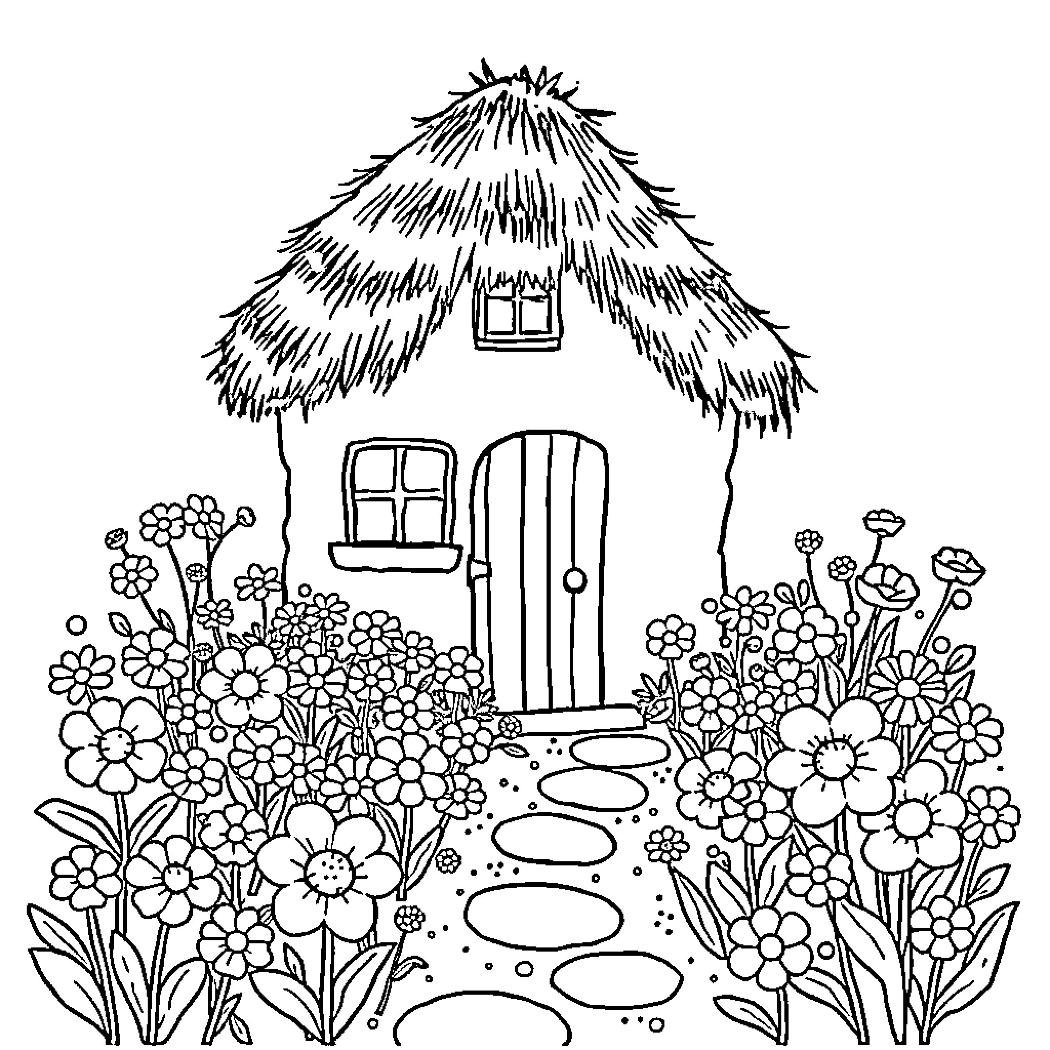 Flower Garden Cottage with Lush Blooms Coloring Page (free black-and-white line drawing printable PDF for all, from beginners to advanced learners, including children, teens, adults, and seniors)