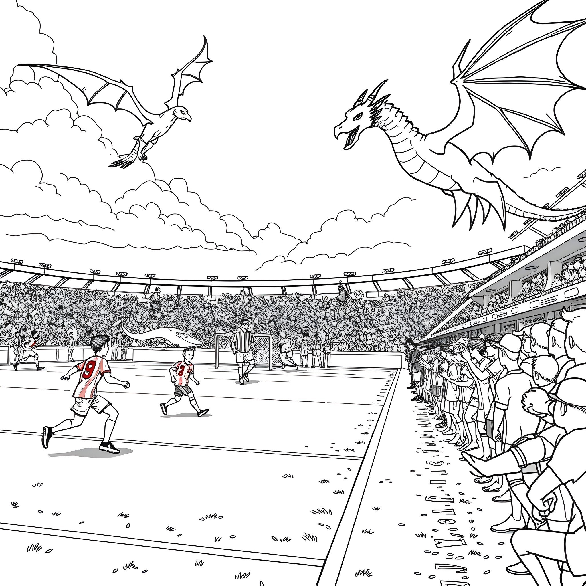 Dragons battling in a fantasy sports arena Coloring Page (free black-and-white line drawing printable PDF for all, from beginners to advanced learners, including children, teens, adults, and seniors)