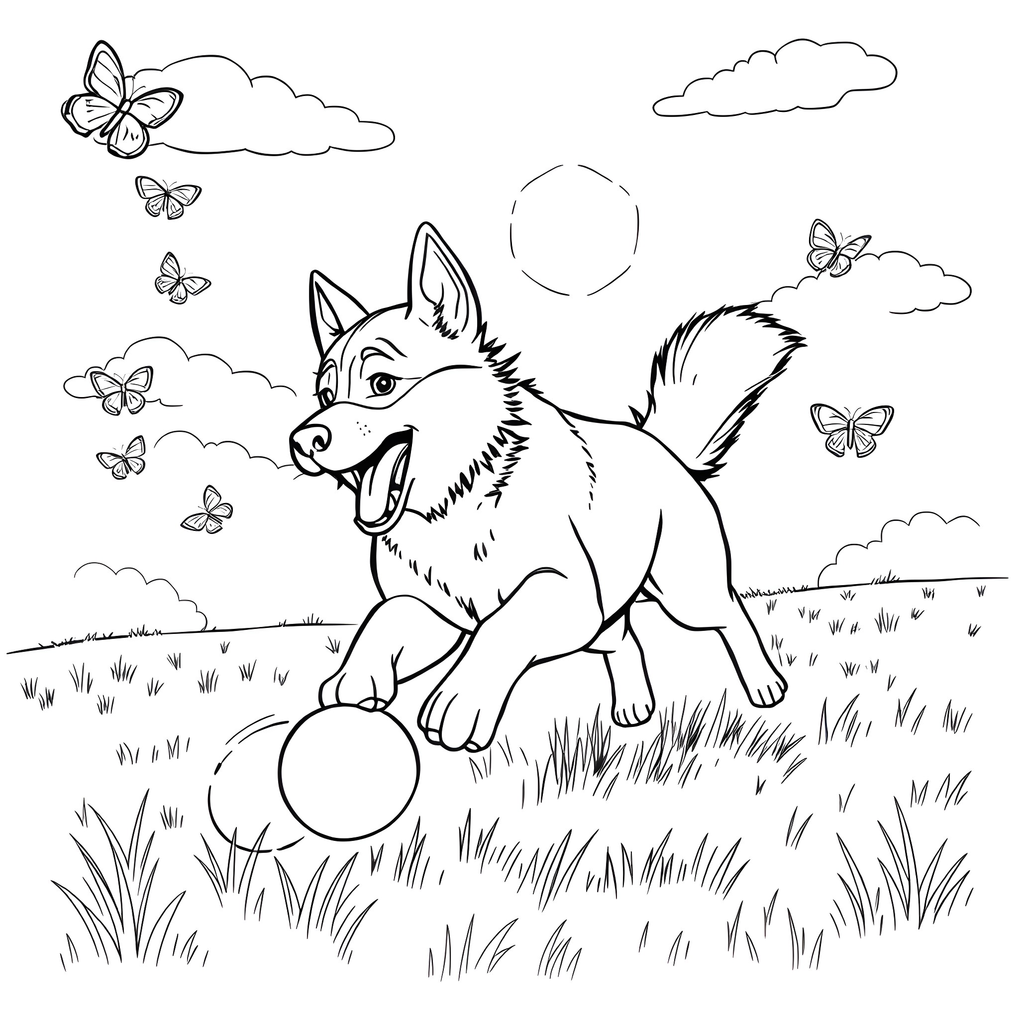 Husky playing with ball in the field Coloring Page (free black-and-white line drawing printable PDF for all, from beginners to advanced learners, including children, teens, adults, and seniors)