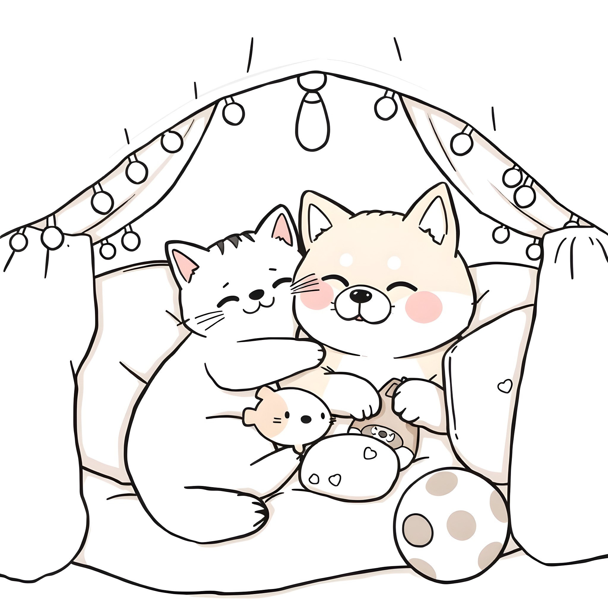 Pusheen cats enjoying a cozy night together Coloring Page (free black-and-white line drawing printable PDF for all, from beginners to advanced learners, including children, teens, adults, and seniors)