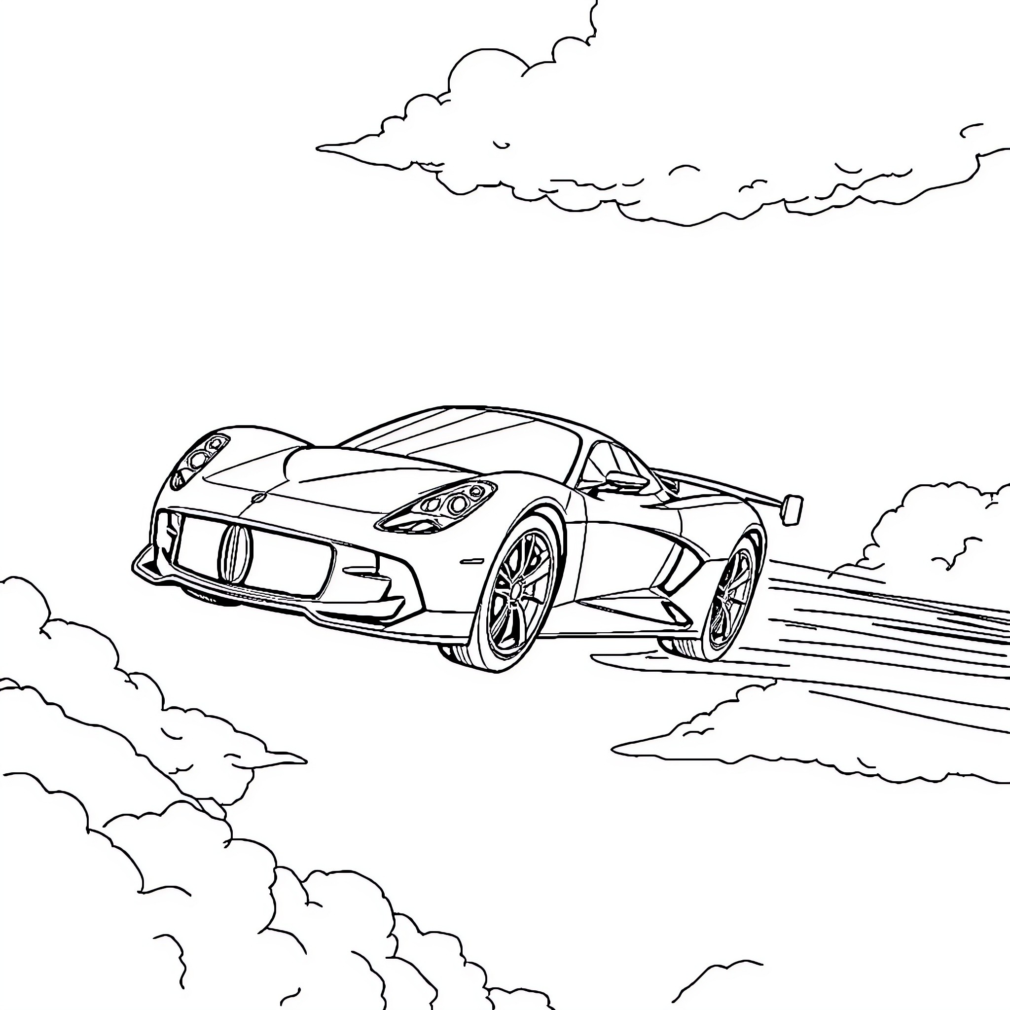 Flying Car speeding through the clouds Coloring Page (free black-and-white line drawing printable PDF for all, from beginners to advanced learners, including children, teens, adults, and seniors)