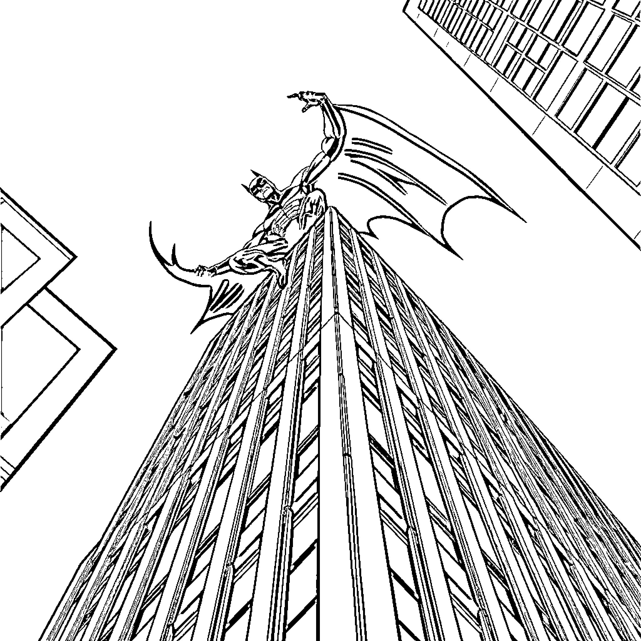 Batman soaring over the city skyline Coloring Page (free black-and-white line drawing printable PDF for all, from beginners to advanced learners, including children, teens, adults, and seniors)