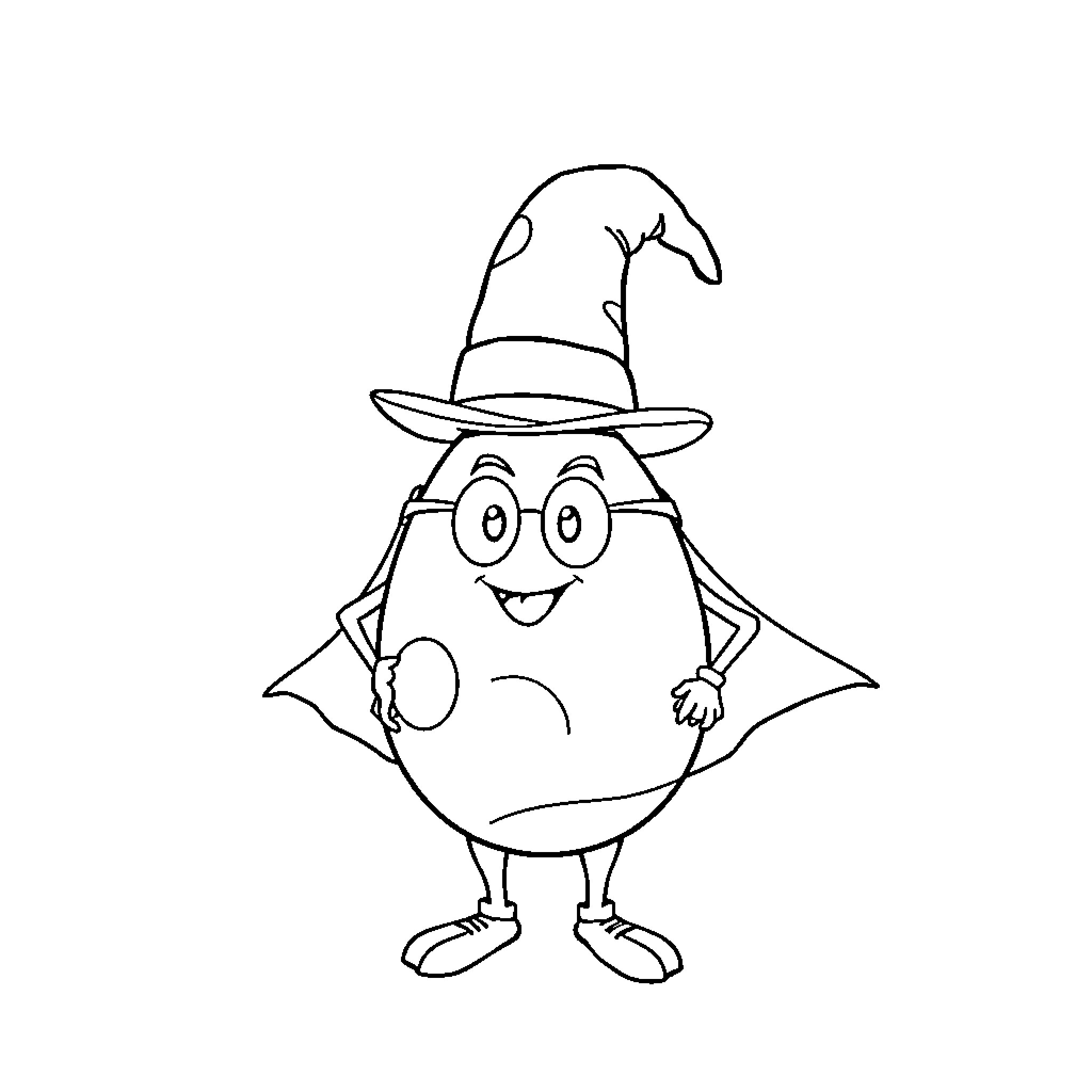Egg in Wizard Costume with Glasses Coloring Page (free black-and-white line drawing printable PDF for all, from beginners to advanced learners, including children, teens, adults, and seniors)