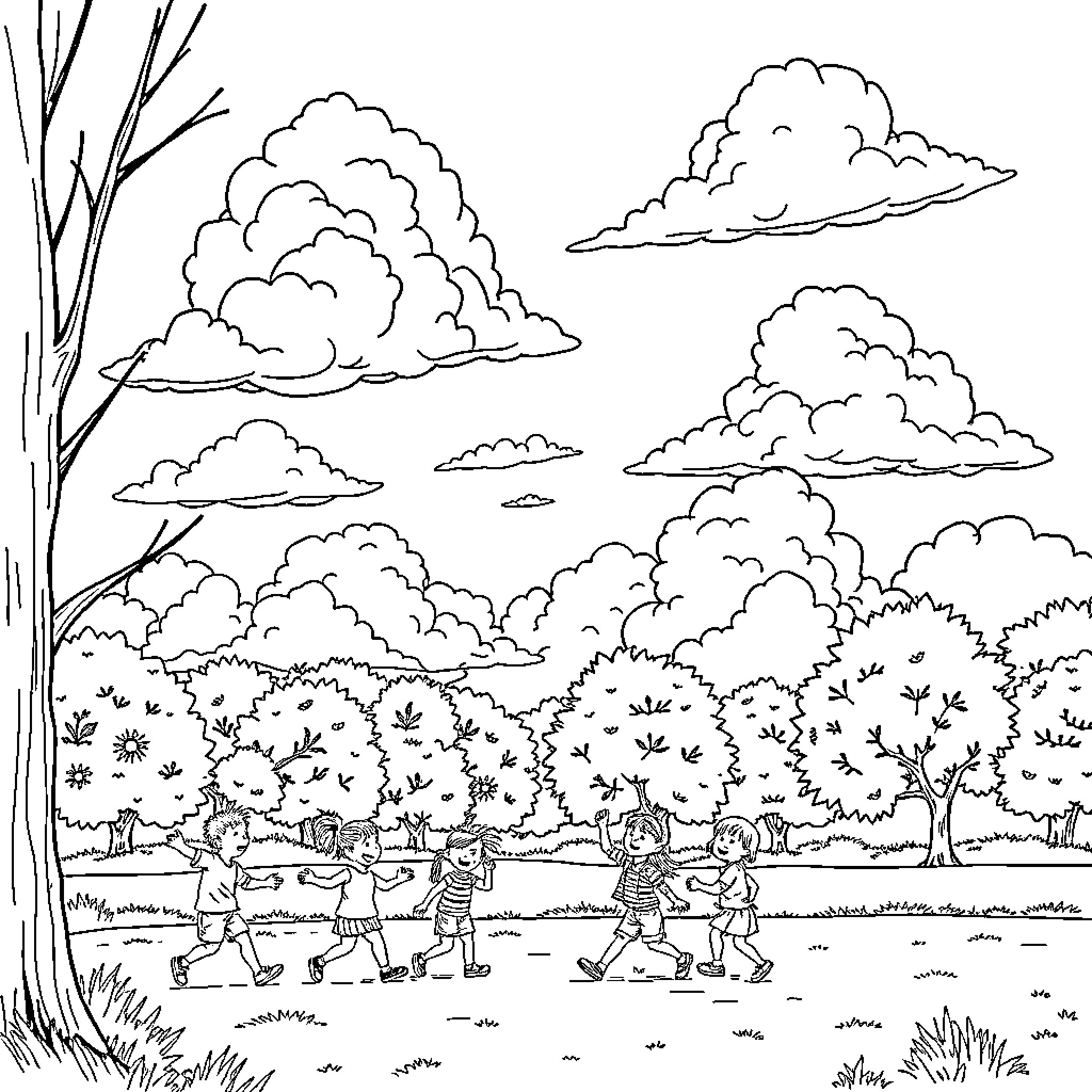 Cloud Children Playing Joyfully in Scenic Landscape Coloring Page (free black-and-white line drawing printable PDF for all, from beginners to advanced learners, including children, teens, adults, and seniors)