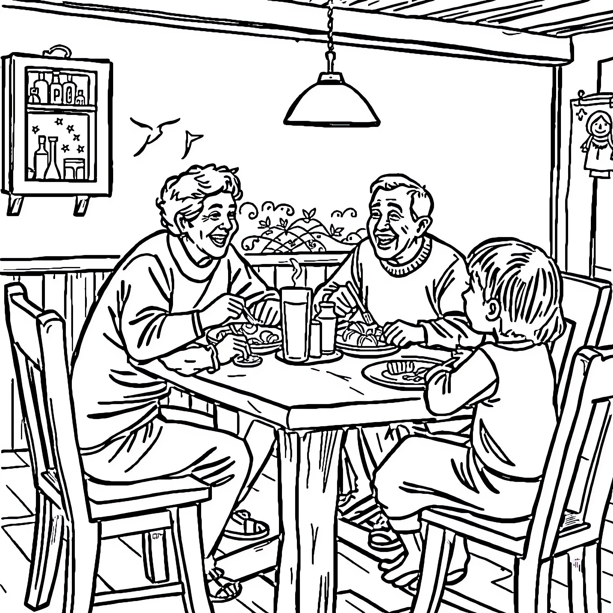 Family enjoying a meal together in cozy restaurant Coloring Page (free black-and-white line drawing printable PDF for all, from beginners to advanced learners, including children, teens, adults, and seniors)