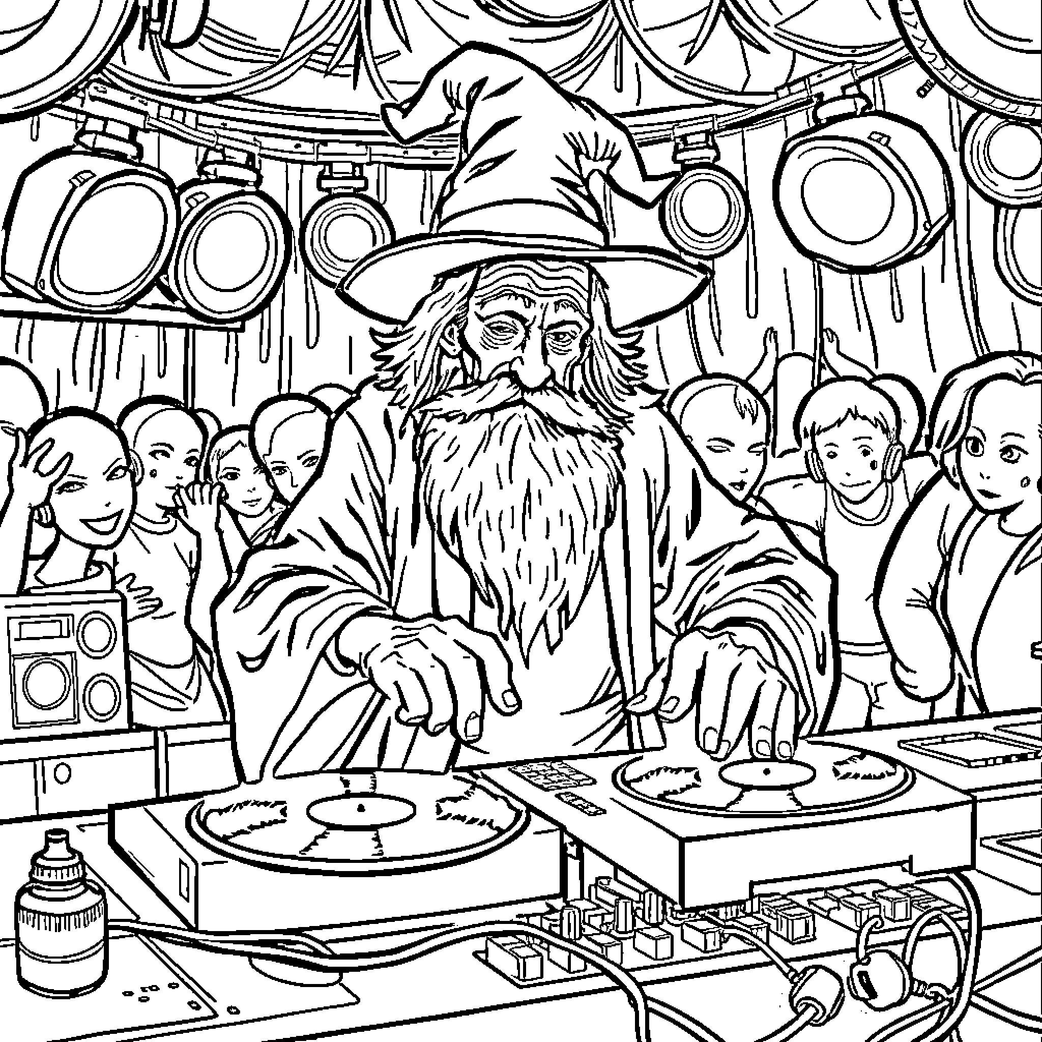 Wizard DJing at a Lively Party Coloring Page (free black-and-white line drawing printable PDF for all, from beginners to advanced learners, including children, teens, adults, and seniors)