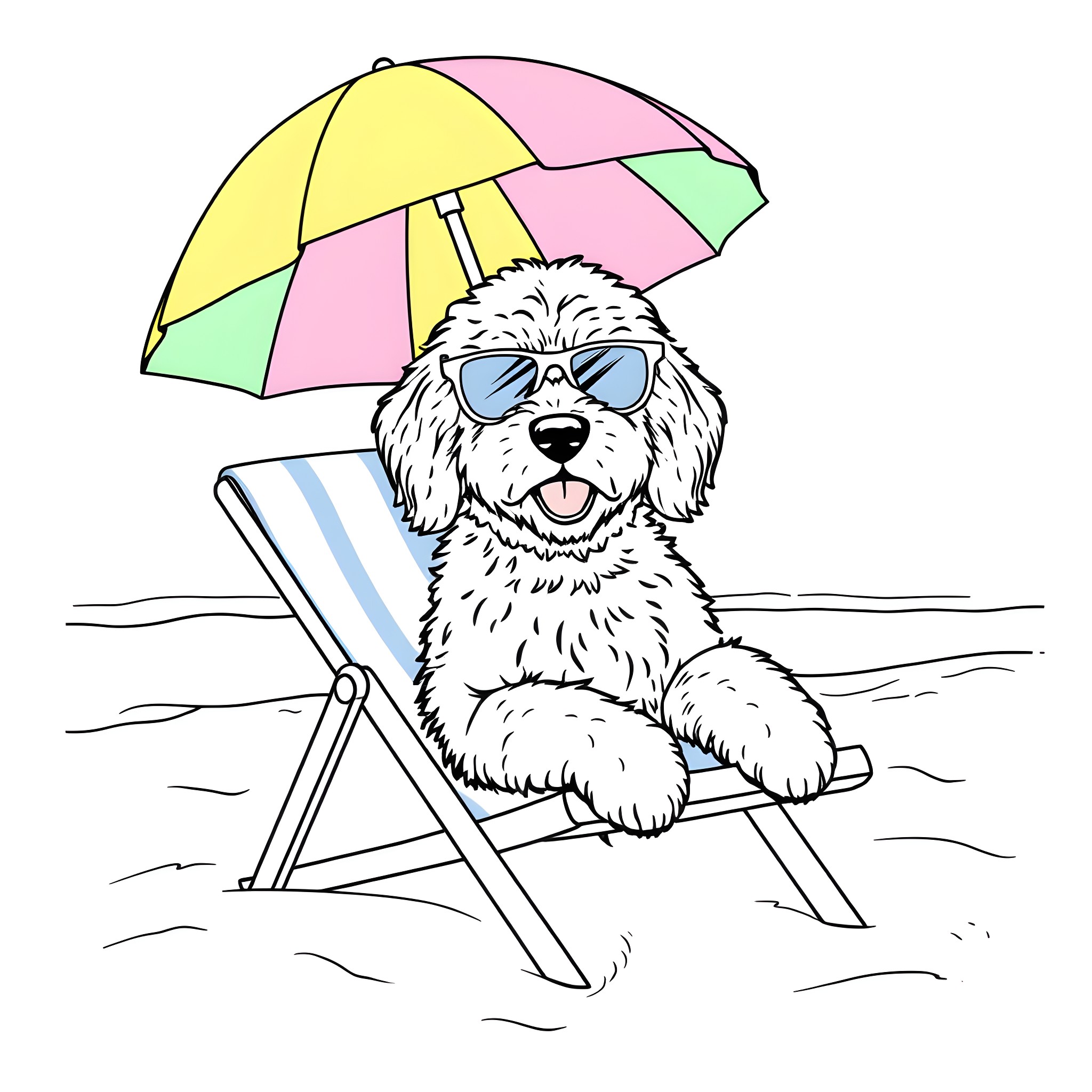 Goldendoodle relaxing on beach with colorful umbrella Coloring Page (free black-and-white line drawing printable PDF for all, from beginners to advanced learners, including children, teens, adults, and seniors)
