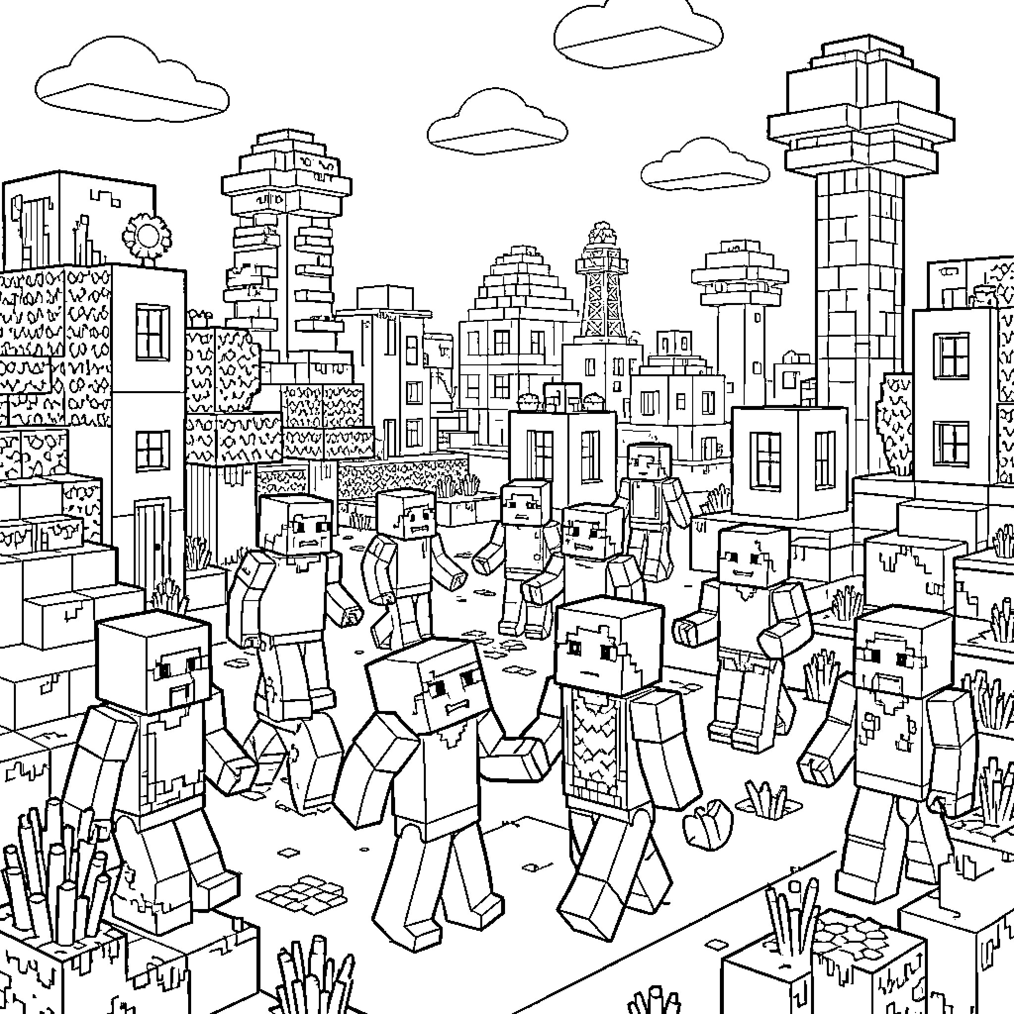 Minecraft Characters in a Bustling City Scene Coloring Page (free black-and-white line drawing printable PDF for all, from beginners to advanced learners, including children, teens, adults, and seniors)
