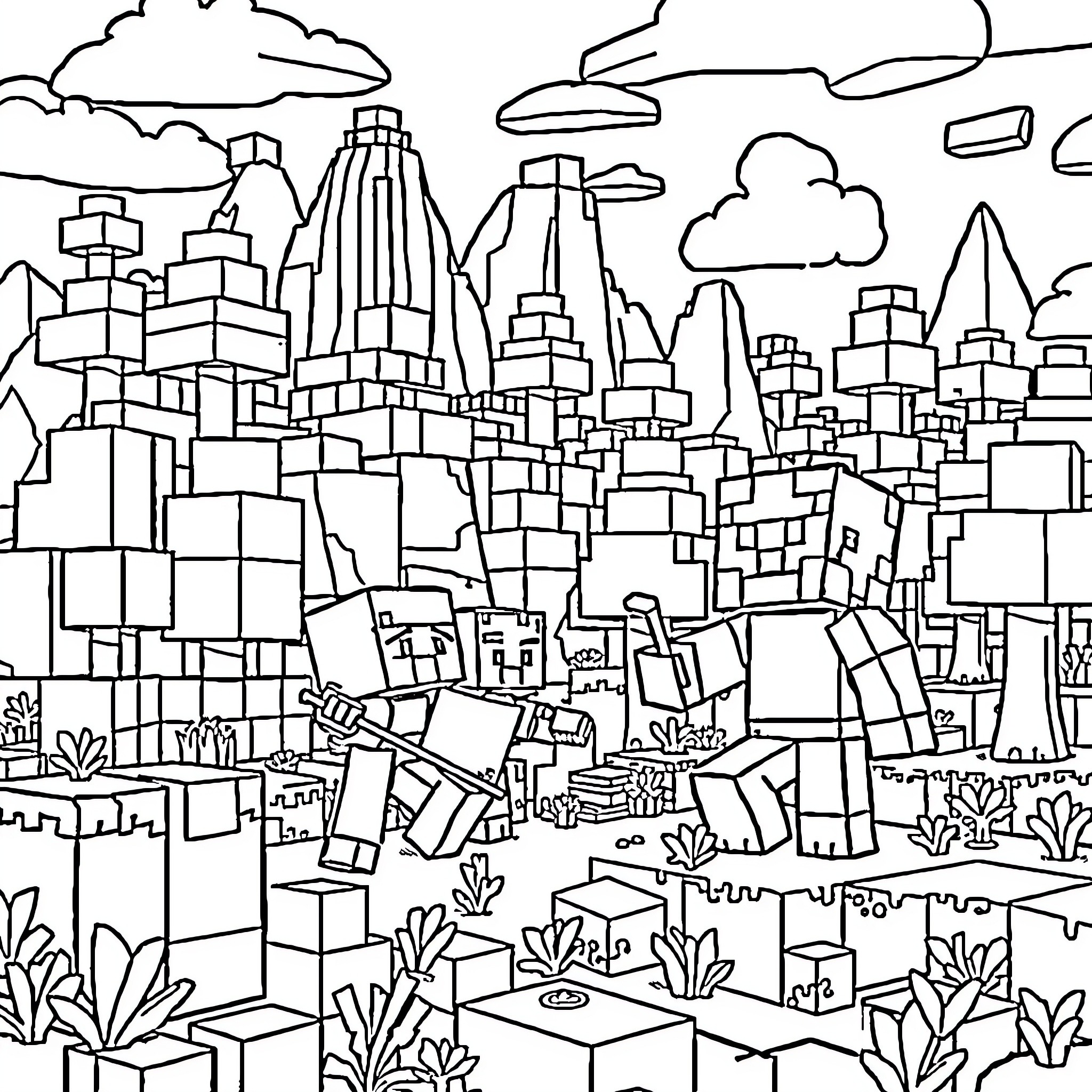 Sprunki's Geometrical City Adventure Coloring Page (free black-and-white line drawing printable PDF for all, from beginners to advanced learners, including children, teens, adults, and seniors)