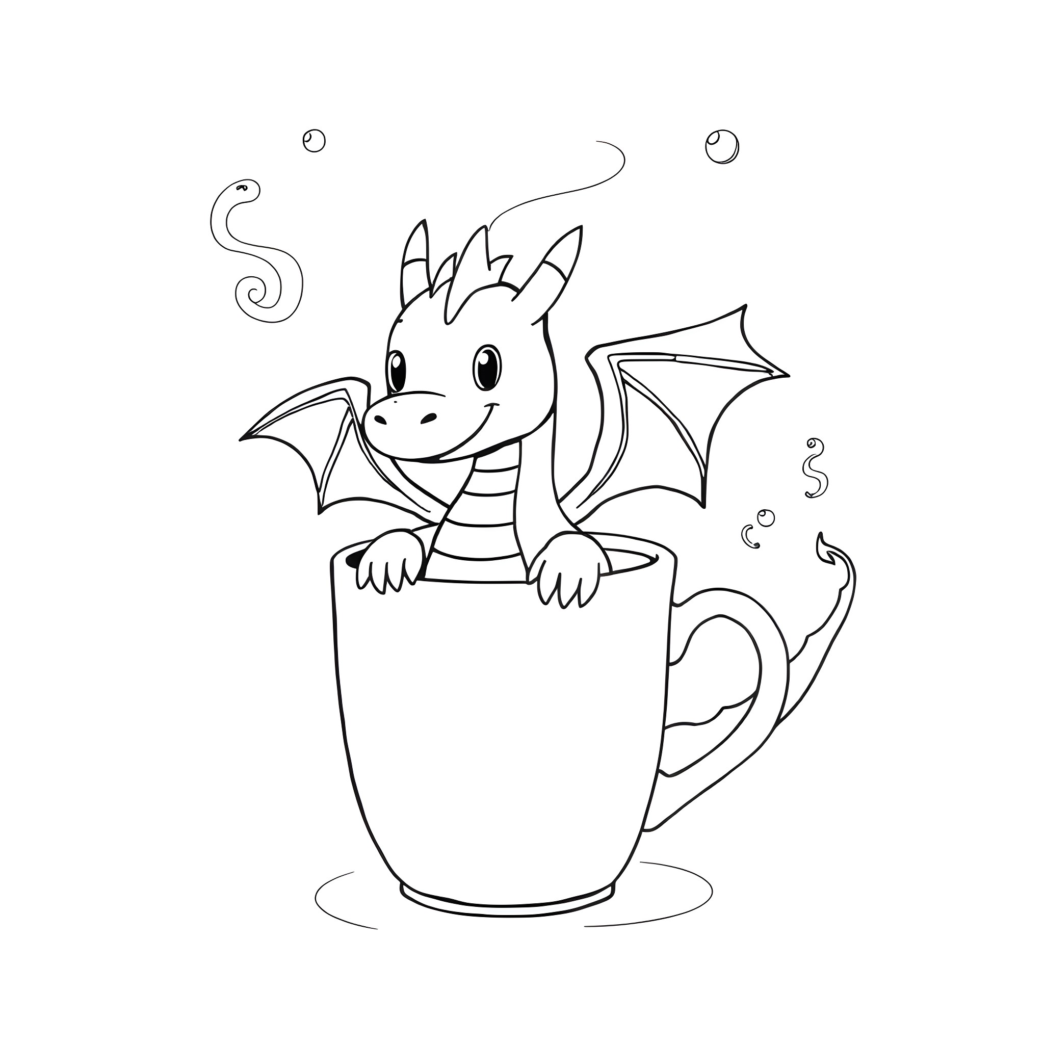 Dragon Peeking Out of a Teacup Coloring Page (free black-and-white line drawing printable PDF for all, from beginners to advanced learners, including children, teens, adults, and seniors)