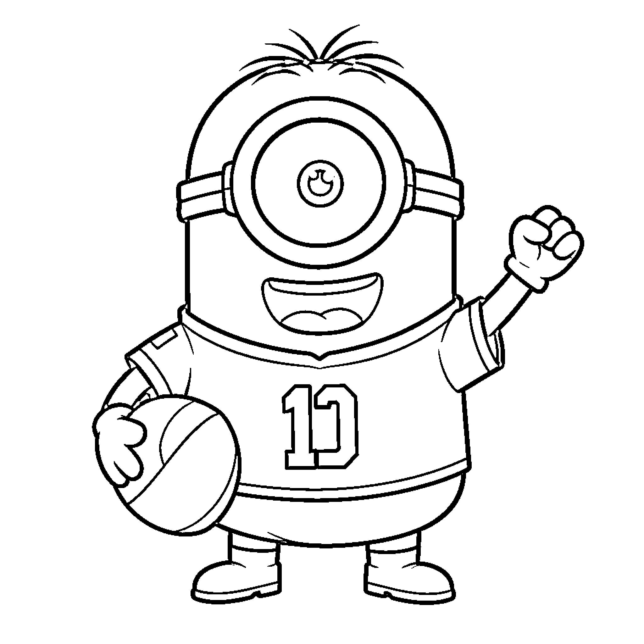 Minion holding a ball and celebrating a victory Coloring Page (free black-and-white line drawing printable PDF for all, from beginners to advanced learners, including children, teens, adults, and seniors)
