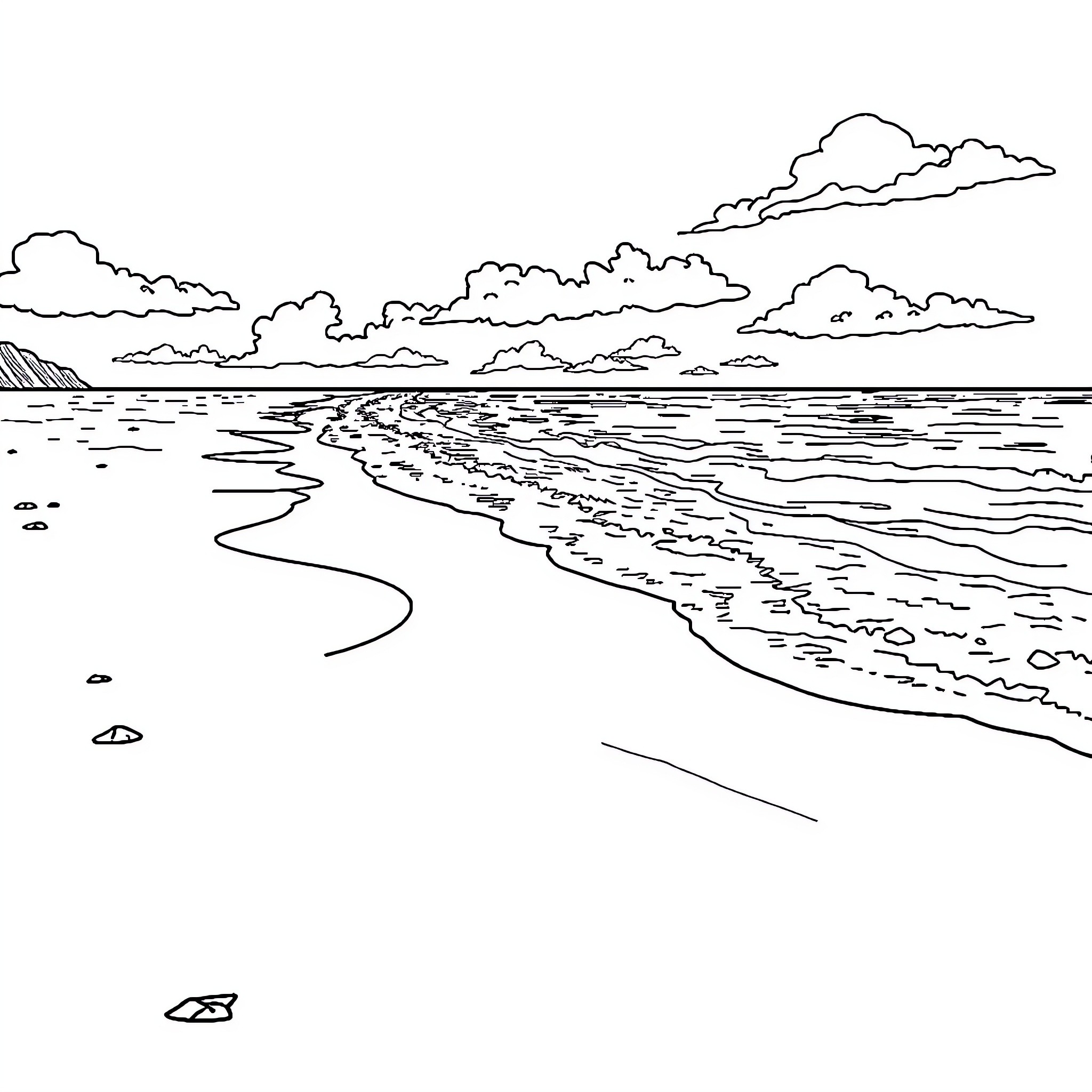 Beach with Serene Ocean Waves and Cloudy Sky Coloring Page (free black-and-white line drawing printable PDF for all, from beginners to advanced learners, including children, teens, adults, and seniors)