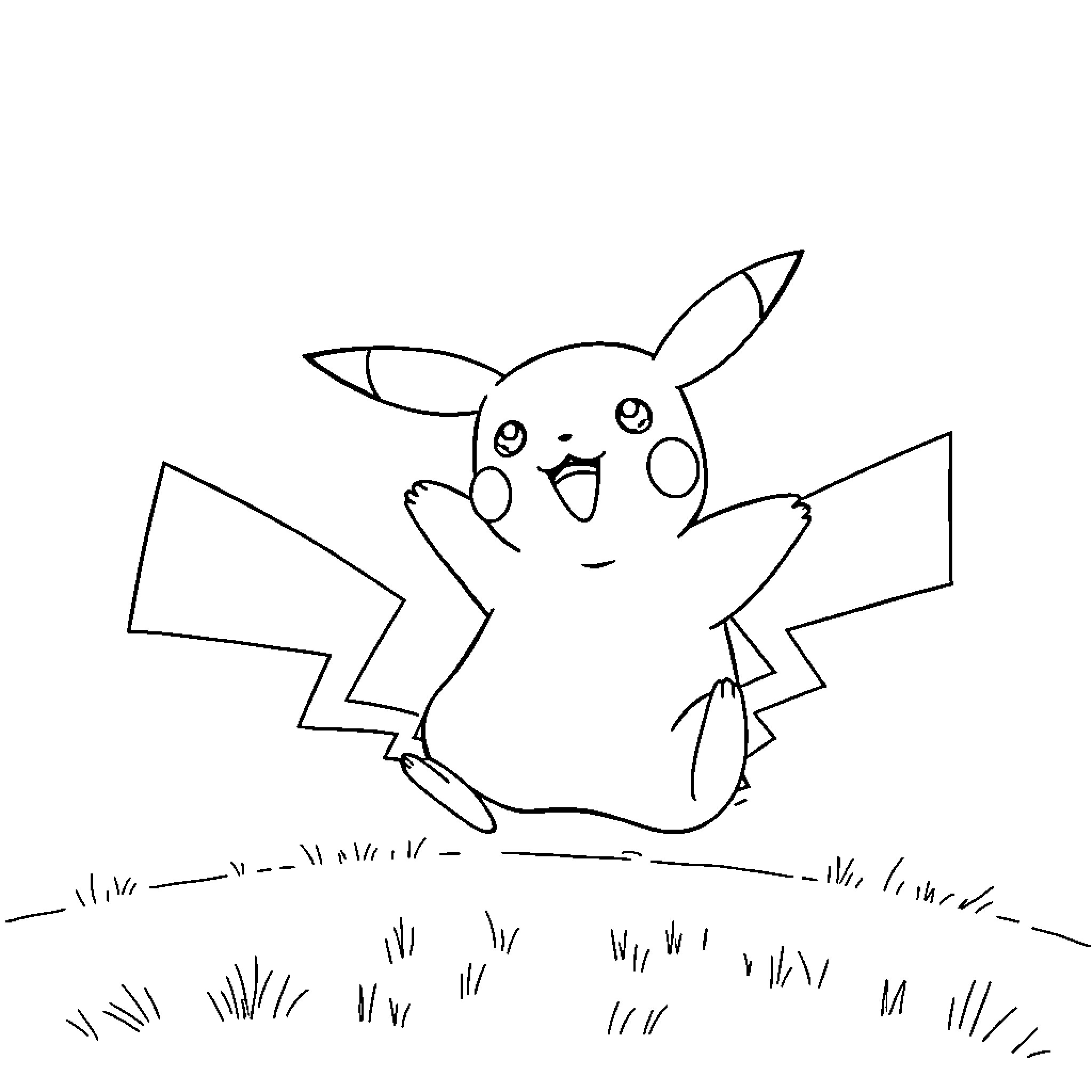 Pikachu playing happily in a grassy field Coloring Page (free black-and-white line drawing printable PDF for all, from beginners to advanced learners, including children, teens, adults, and seniors)