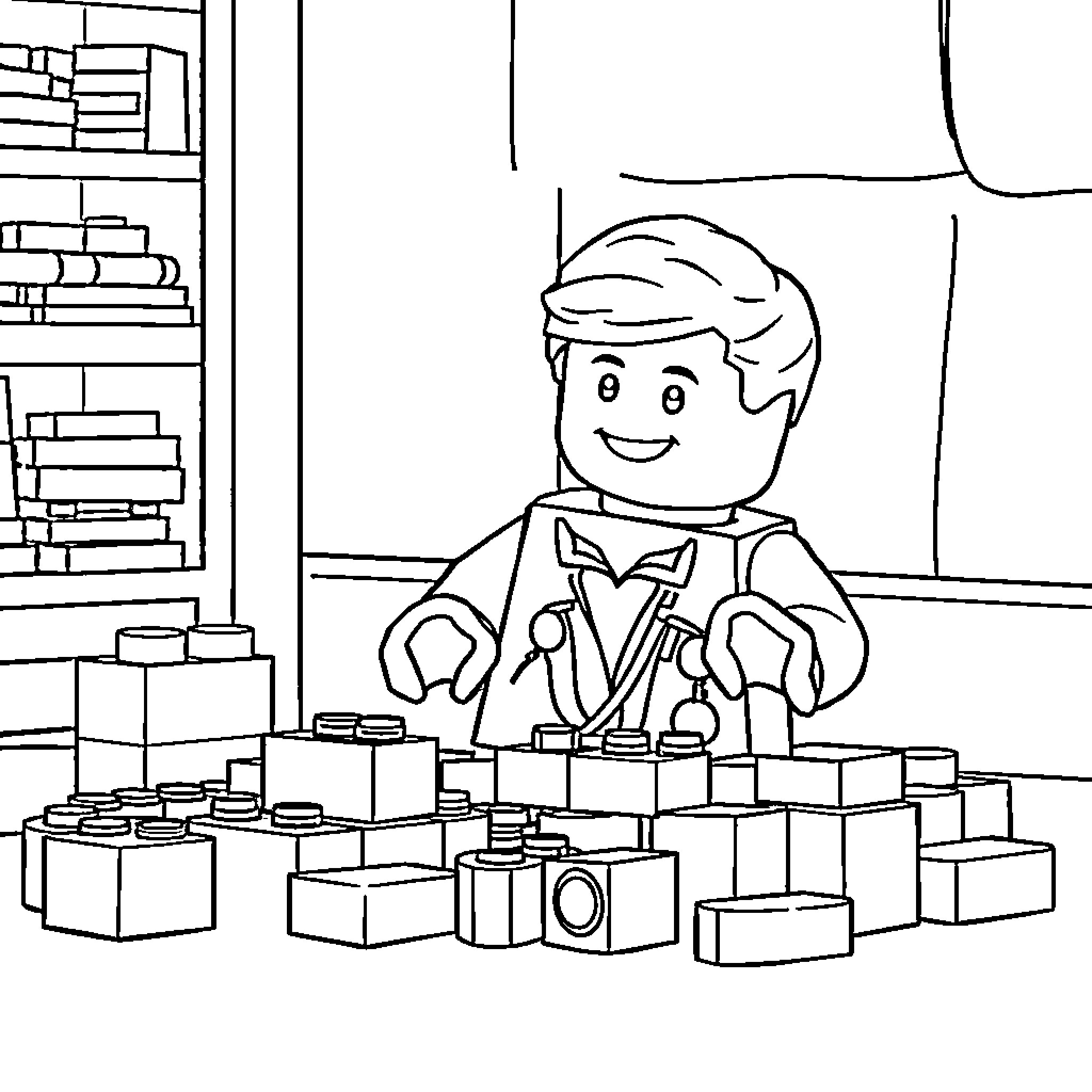 LEGO Minifigure playing with construction blocks Coloring Page (free black-and-white line drawing printable PDF for all, from beginners to advanced learners, including children, teens, adults, and seniors)