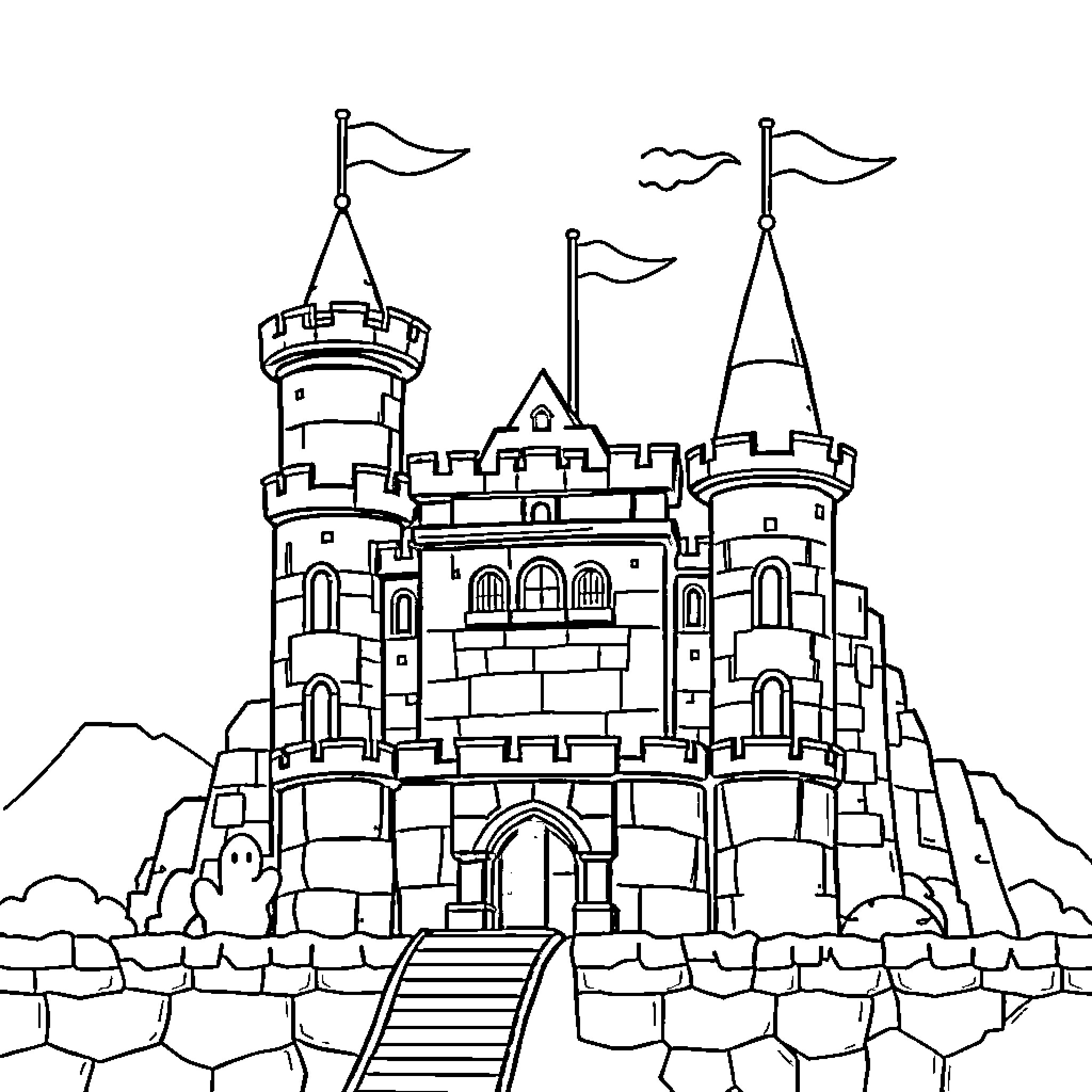 Castle with Towering Spires and Waving Flags Coloring Page (free black-and-white line drawing printable PDF for all, from beginners to advanced learners, including children, teens, adults, and seniors)
