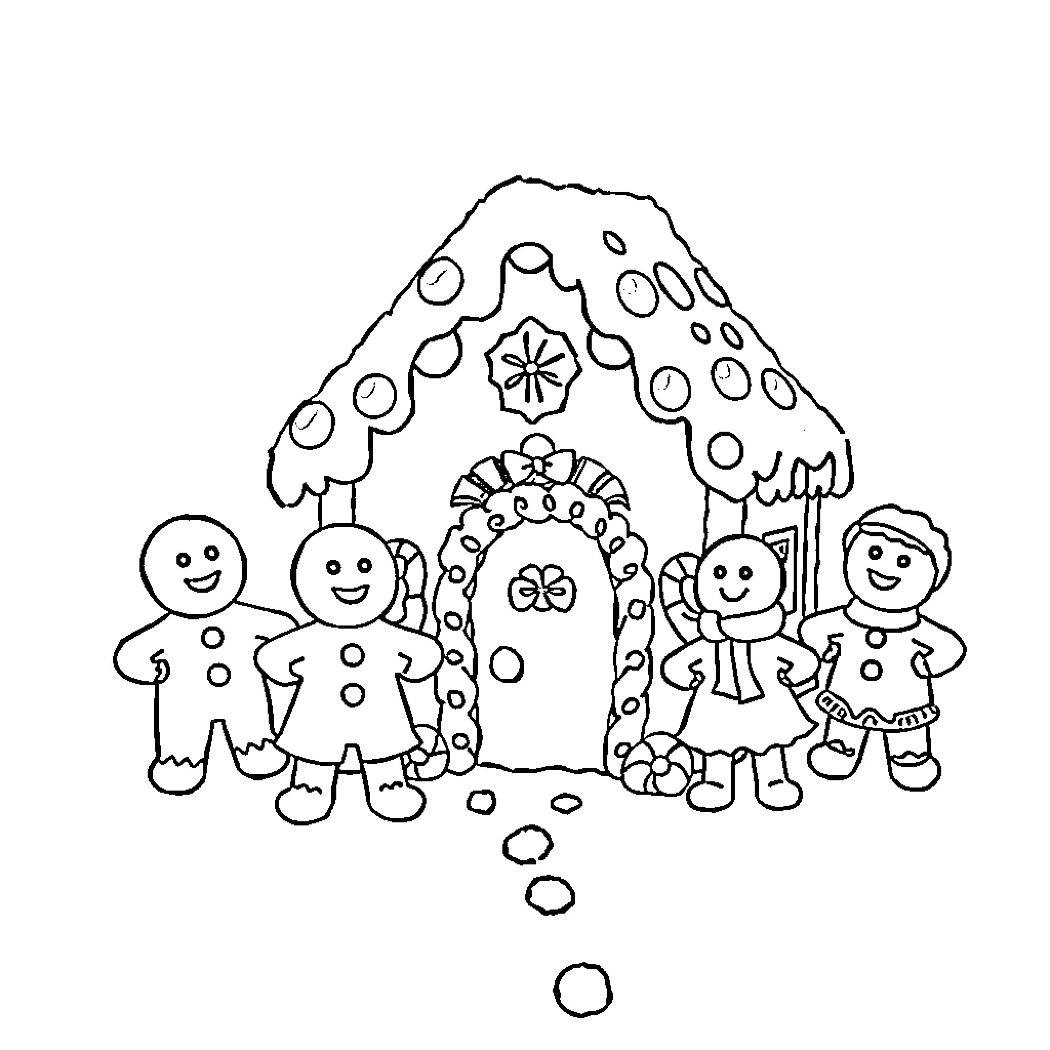 Gingerbread family decorating their home Coloring Page (free black-and-white line drawing printable PDF for all, from beginners to advanced learners, including children, teens, adults, and seniors)