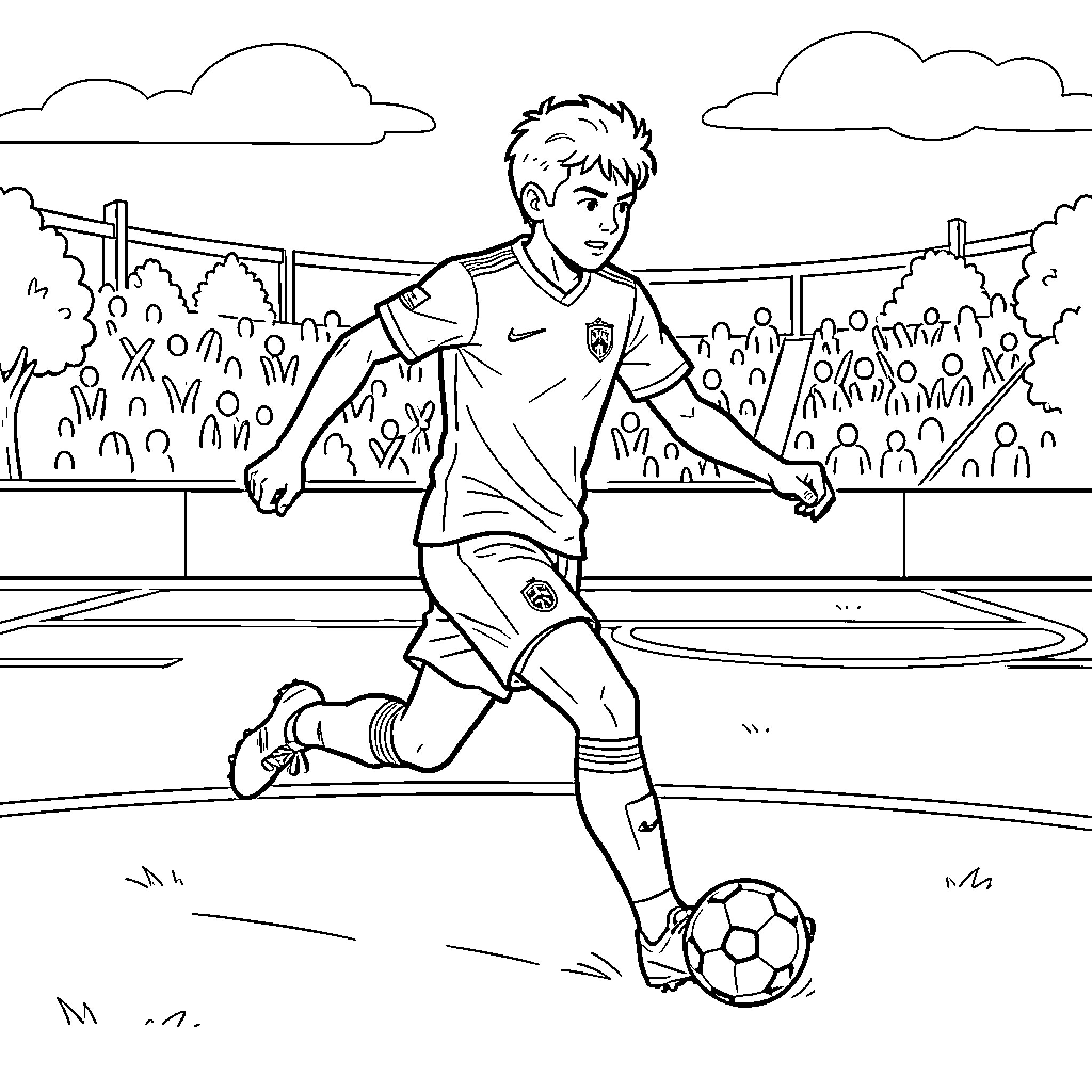 Nico Williams playing soccer in a stadium Coloring Page (free black-and-white line drawing printable PDF for all, from beginners to advanced learners, including children, teens, adults, and seniors)