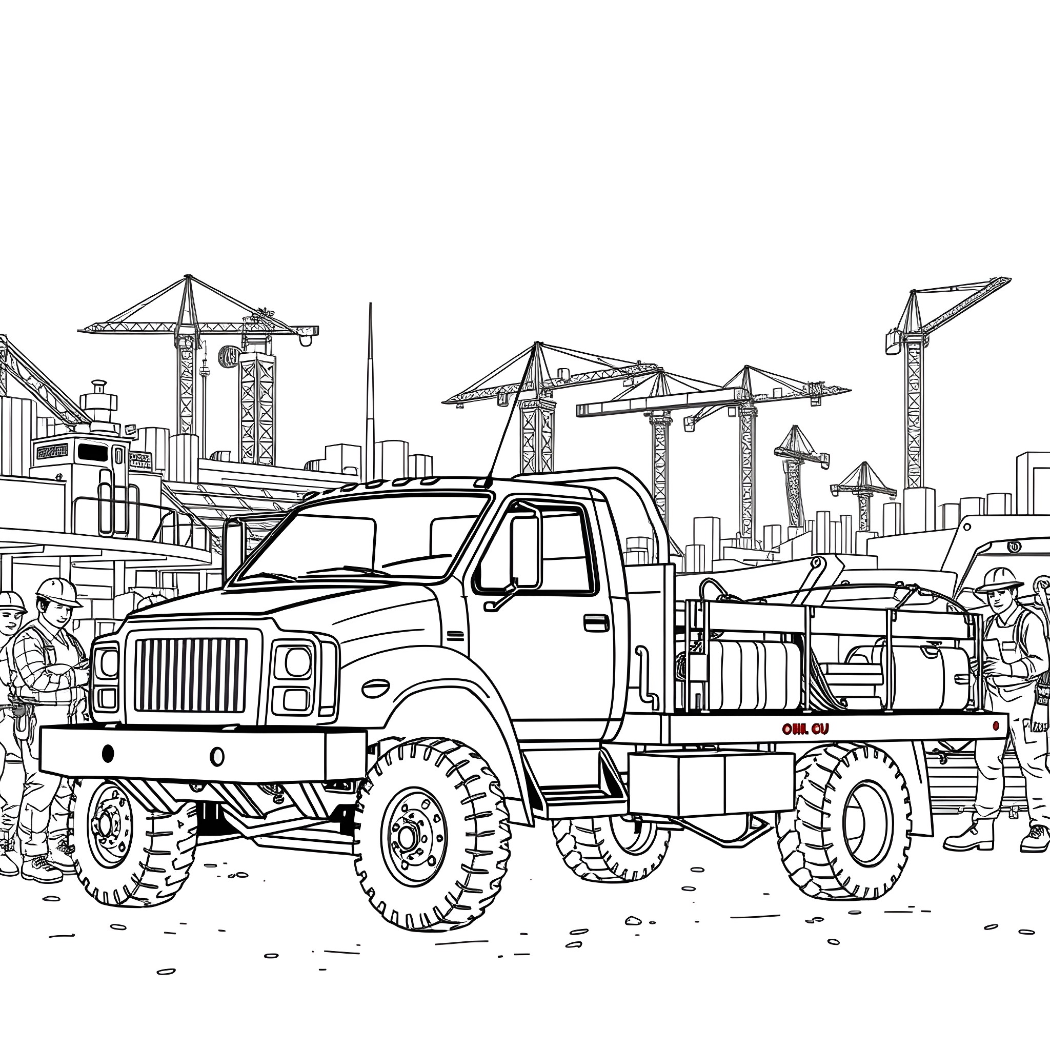 Pickup truck on a construction site Coloring Page (free black-and-white line drawing printable PDF for all, from beginners to advanced learners, including children, teens, adults, and seniors)