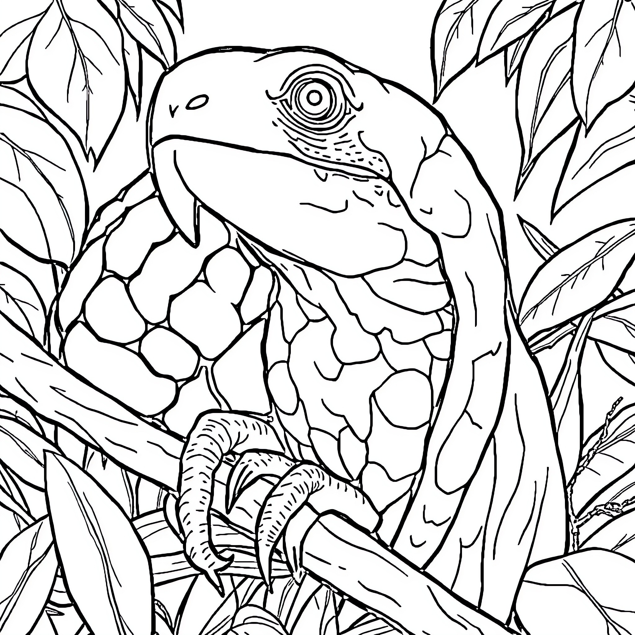 Exotic Pet Reptile in Lush Foliage Coloring Page (free black-and-white line drawing printable PDF for all, from beginners to advanced learners, including children, teens, adults, and seniors)
