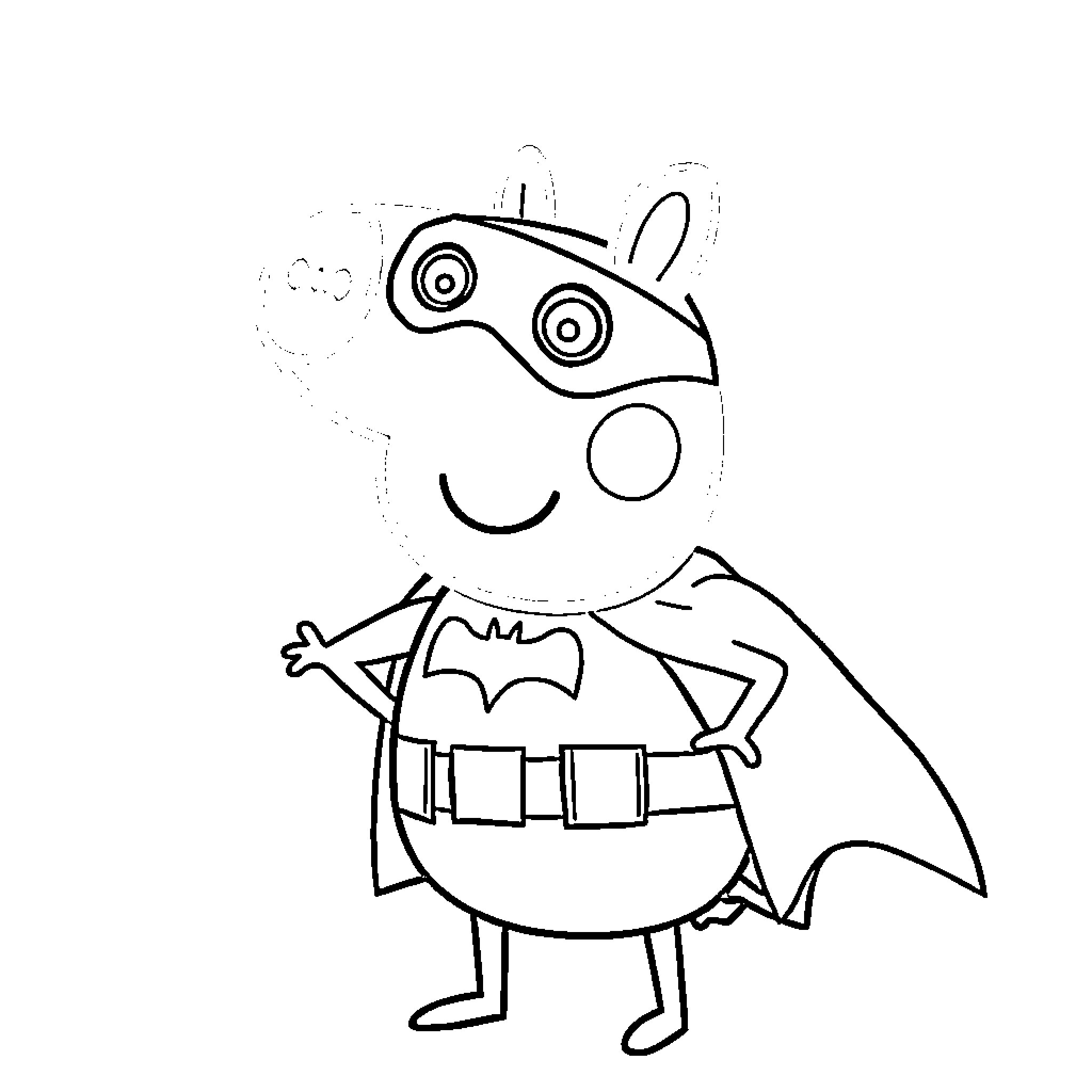 Pepa Pig dressed as a superhero Coloring Page (free black-and-white line drawing printable PDF for all, from beginners to advanced learners, including children, teens, adults, and seniors)