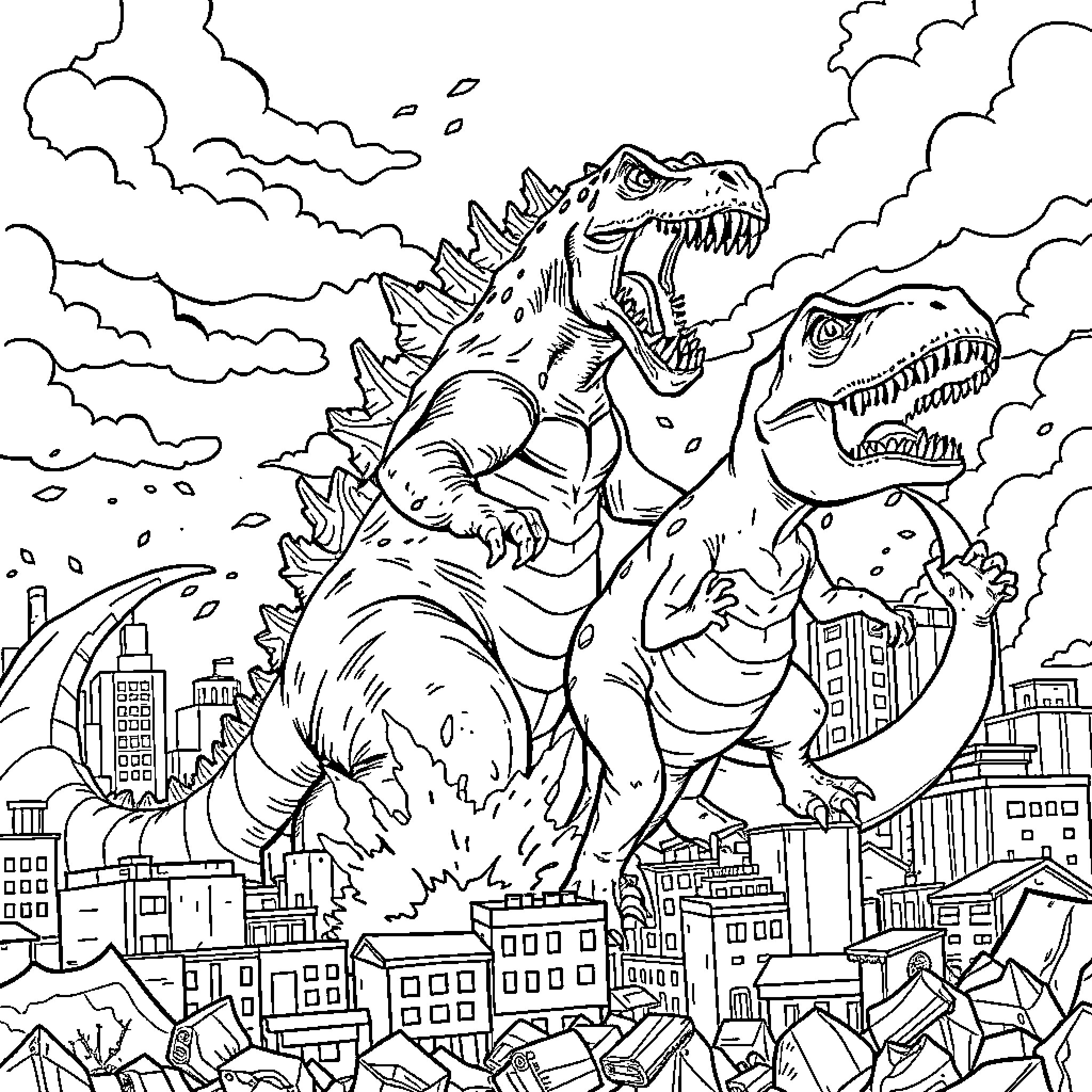 Godzilla and friends wreak havoc in the city Coloring Page (free black-and-white line drawing printable PDF for all, from beginners to advanced learners, including children, teens, adults, and seniors)