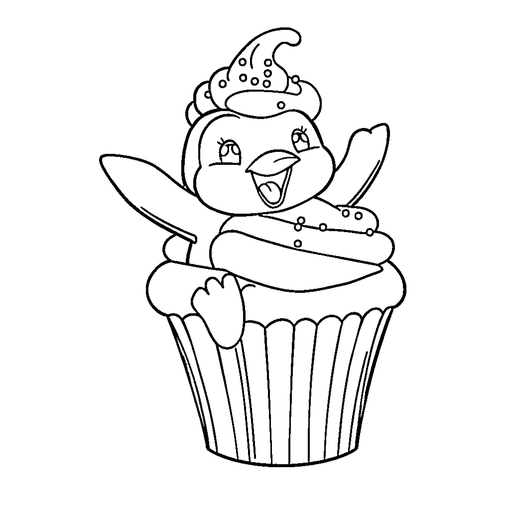 Penguin in a Cupcake Outfit Coloring Page (free black-and-white line drawing printable PDF for all, from beginners to advanced learners, including children, teens, adults, and seniors)