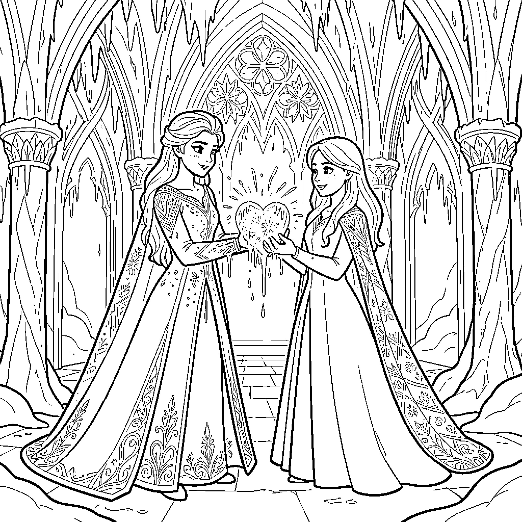 Elsa and Anna holding a heart in a palace Coloring Page (free black-and-white line drawing printable PDF for all, from beginners to advanced learners, including children, teens, adults, and seniors)