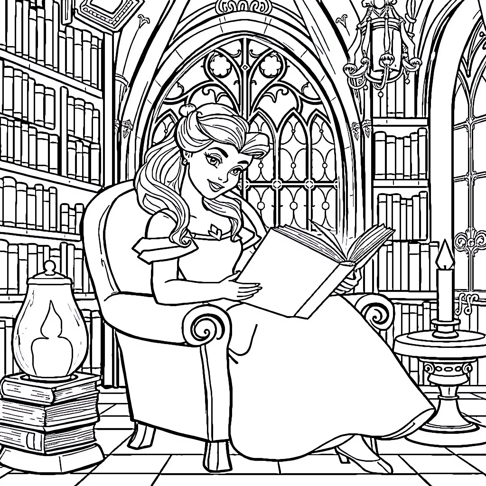 Princess Reading a Book in a Grand Library Coloring Page (free black-and-white line drawing printable PDF for all, from beginners to advanced learners, including children, teens, adults, and seniors)