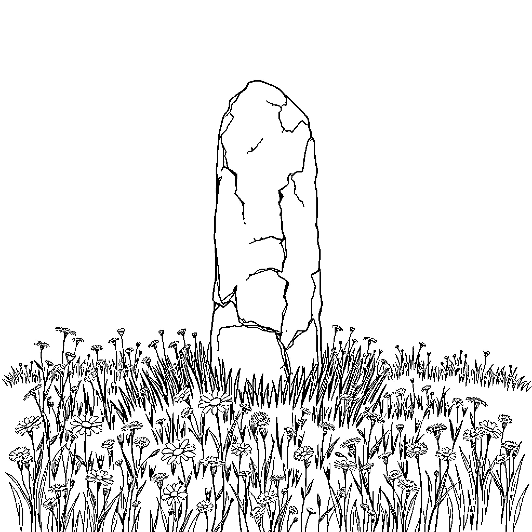 Runestone in a field of wildflowers Coloring Page (free black-and-white line drawing printable PDF for all, from beginners to advanced learners, including children, teens, adults, and seniors)