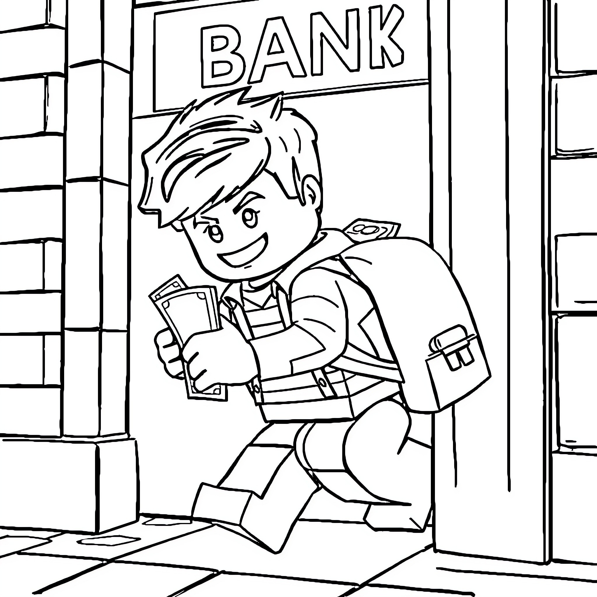 Lego Boy Rushing Into the Bank Coloring Page (free black-and-white line drawing printable PDF for all, from beginners to advanced learners, including children, teens, adults, and seniors)