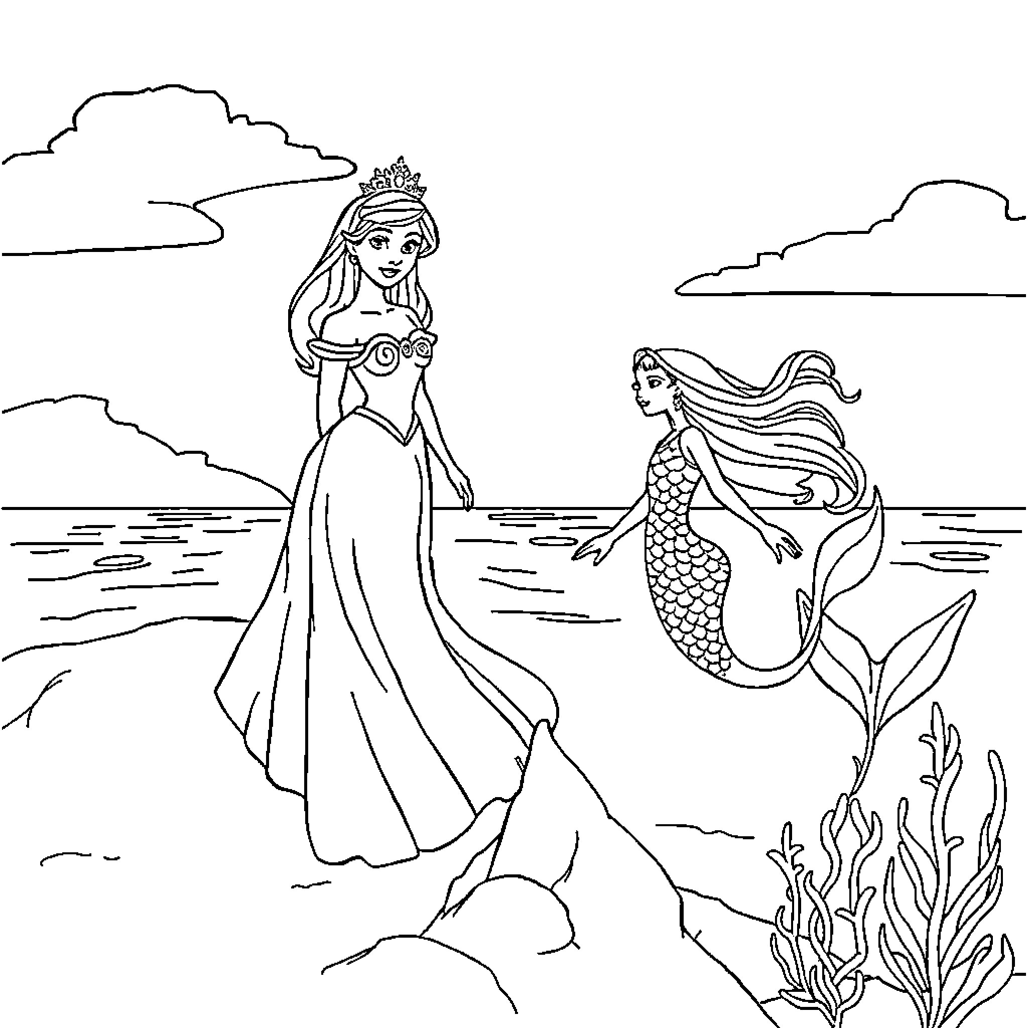 Princess in Elegant Dress Meets Mermaid in Ocean Coloring Page (free black-and-white line drawing printable PDF for all, from beginners to advanced learners, including children, teens, adults, and seniors)