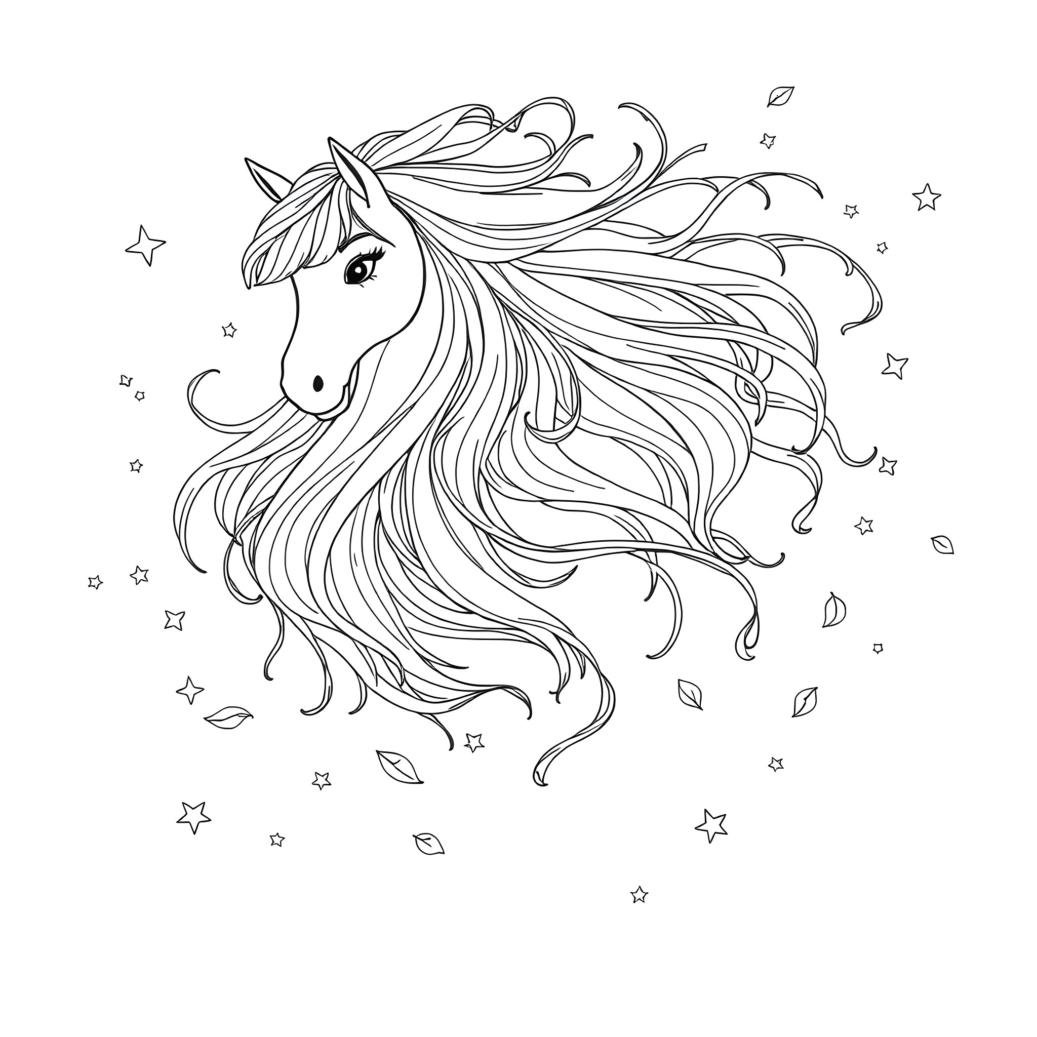 Hair Flowing Unicorn in Starry Meadow Coloring Page (free black-and-white line drawing printable PDF for all, from beginners to advanced learners, including children, teens, adults, and seniors)