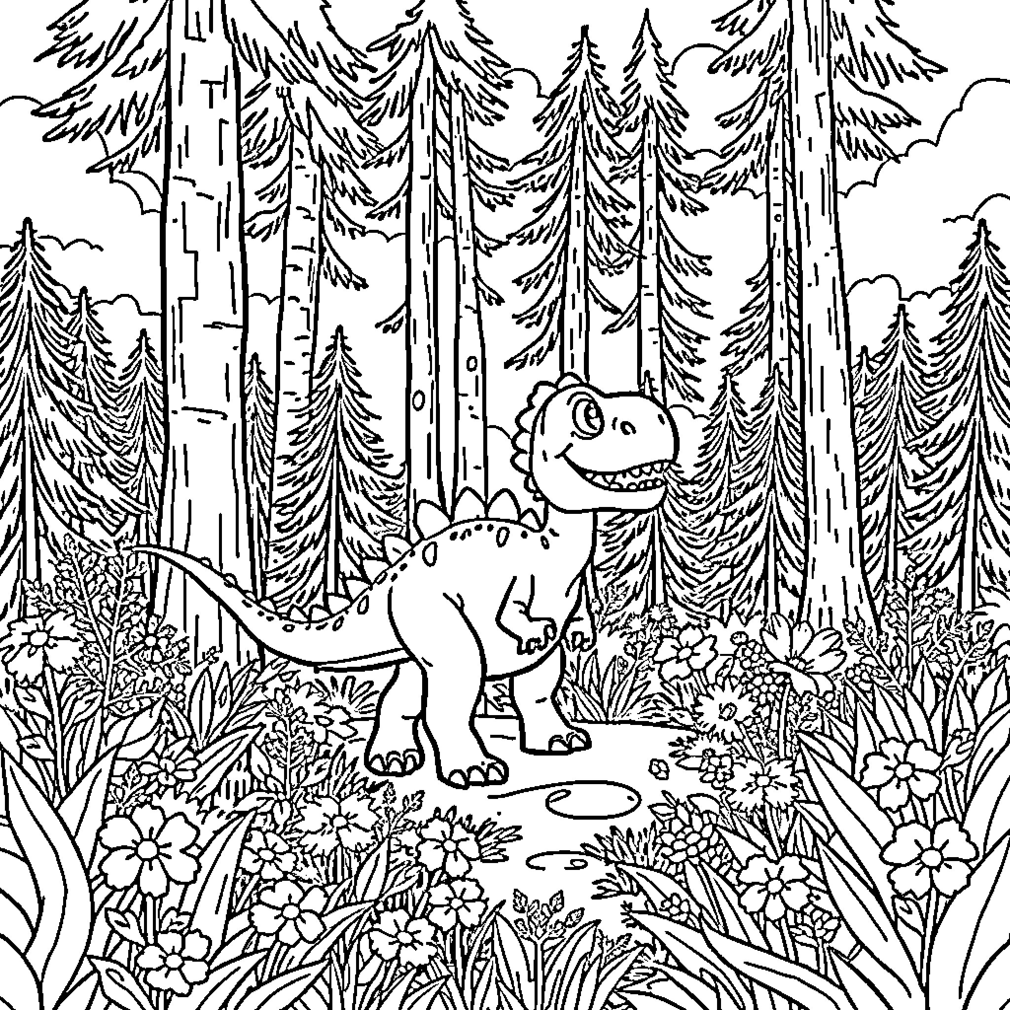 Dino enjoying nature's enchanting forest Coloring Page (free black-and-white line drawing printable PDF for all, from beginners to advanced learners, including children, teens, adults, and seniors)