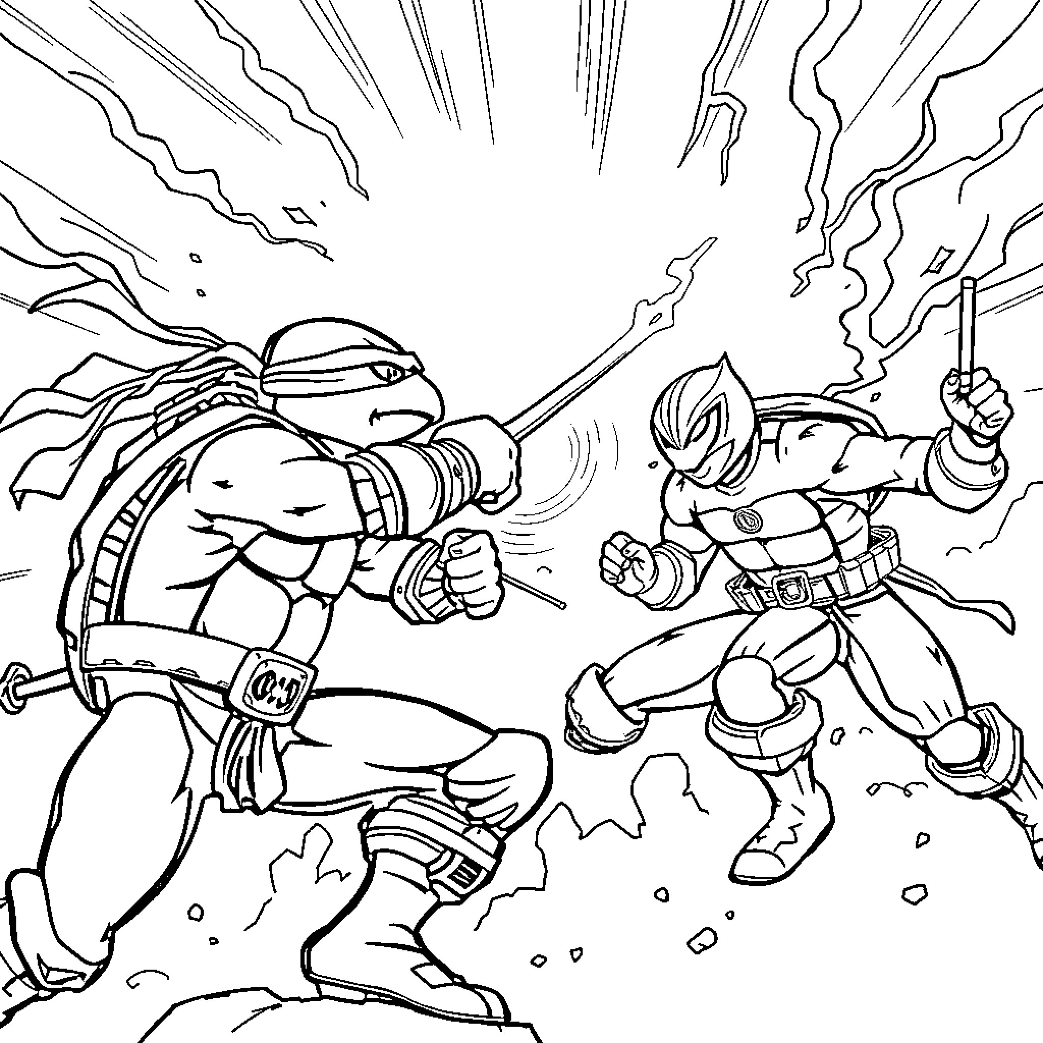 Teenage Mutant Ninja Turtles battle heroically Coloring Page (free black-and-white line drawing printable PDF for all, from beginners to advanced learners, including children, teens, adults, and seniors)