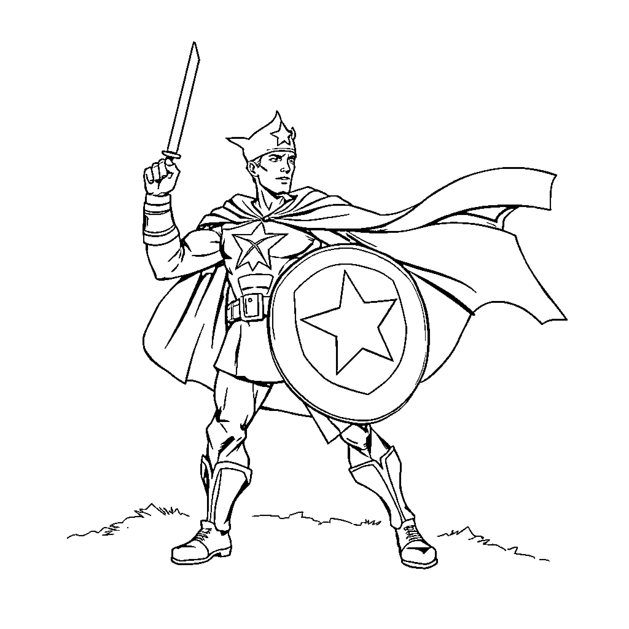 Captain America Heroically Posing with Shield and Sword Coloring Page (free black-and-white line drawing printable PDF for all, from beginners to advanced learners, including children, teens, adults, and seniors)