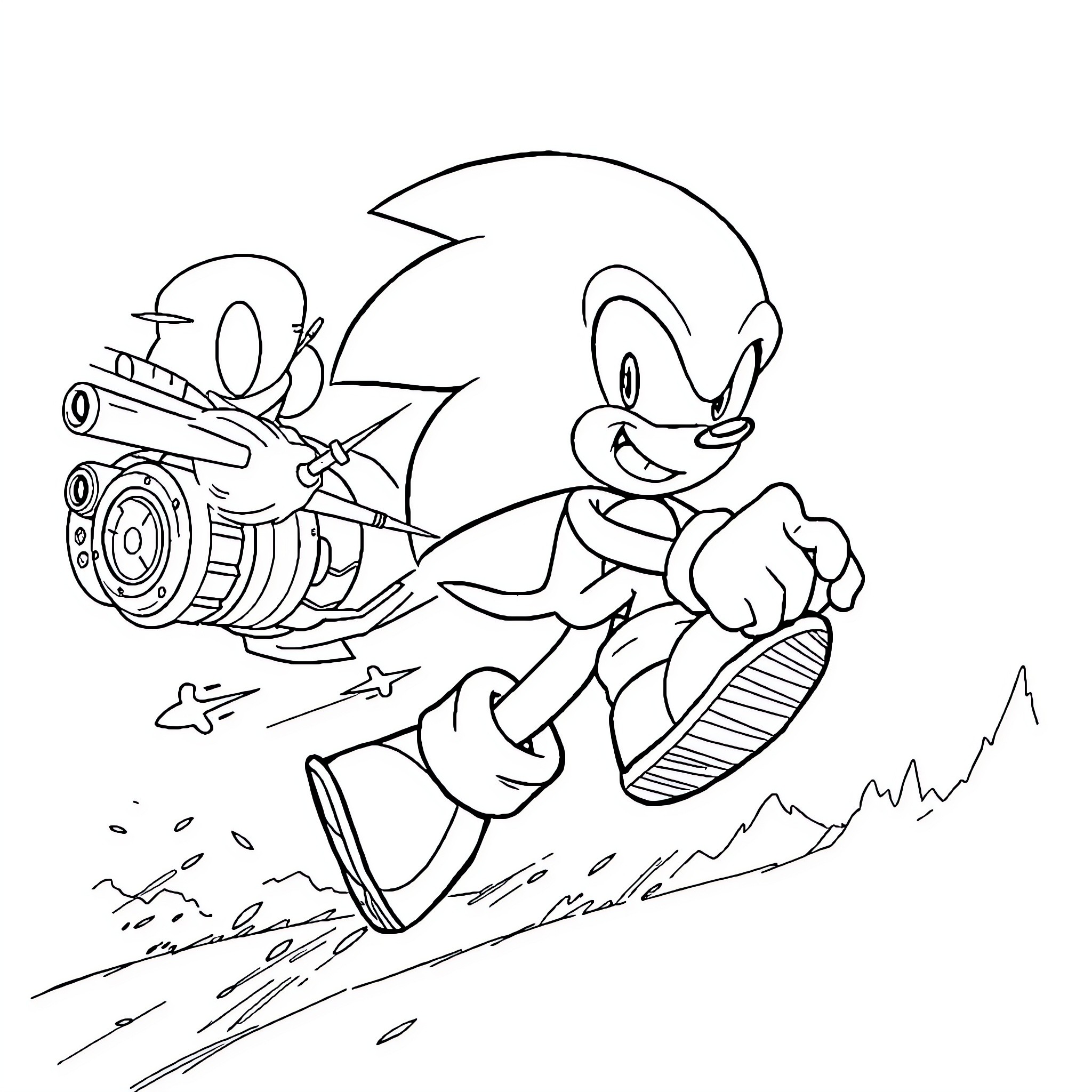 Sonic racing with speed blaster in action Coloring Page (free black-and-white line drawing printable PDF for all, from beginners to advanced learners, including children, teens, adults, and seniors)