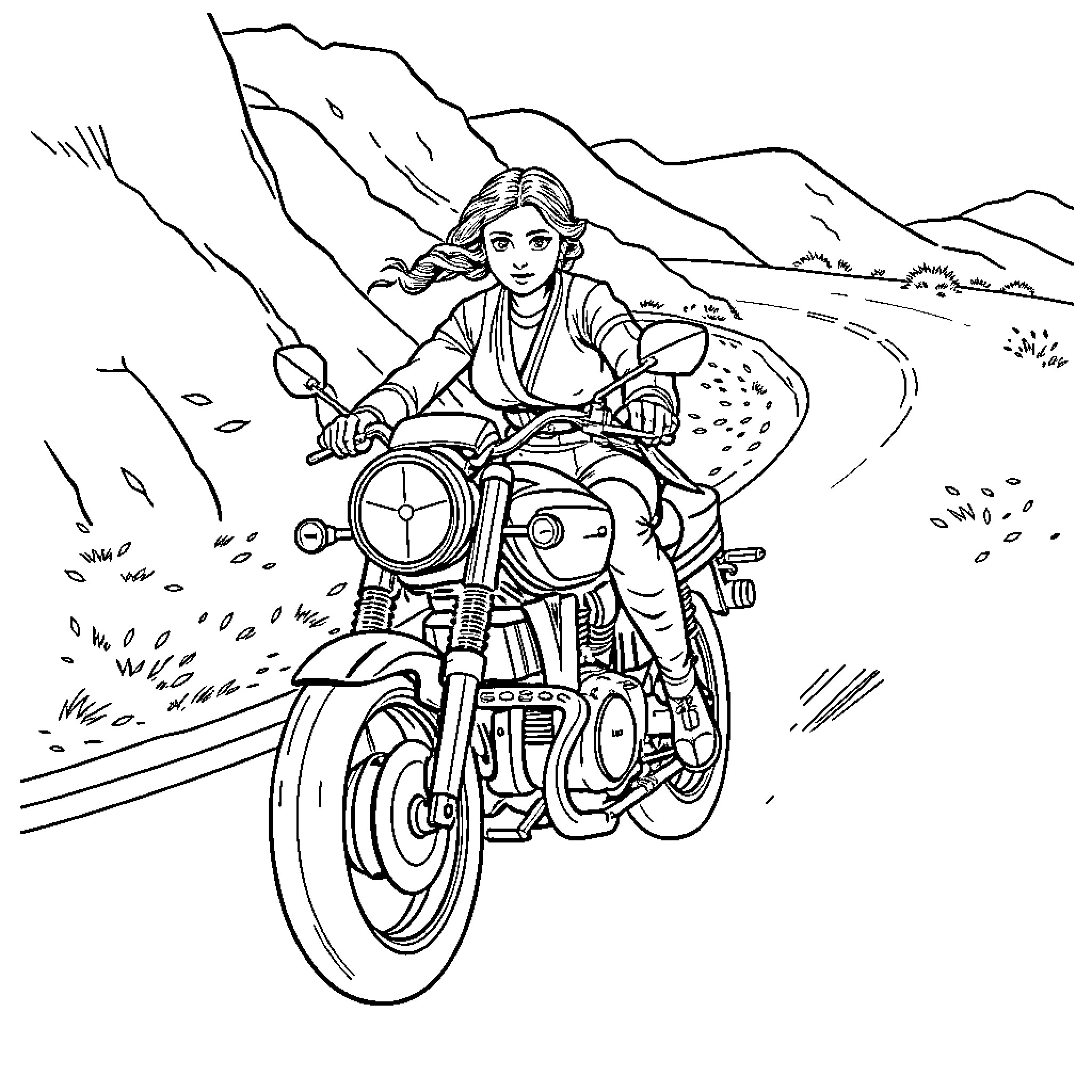 Leia's Exhilarating Motorcycle Adventure Coloring Page (free black-and-white line drawing printable PDF for all, from beginners to advanced learners, including children, teens, adults, and seniors)