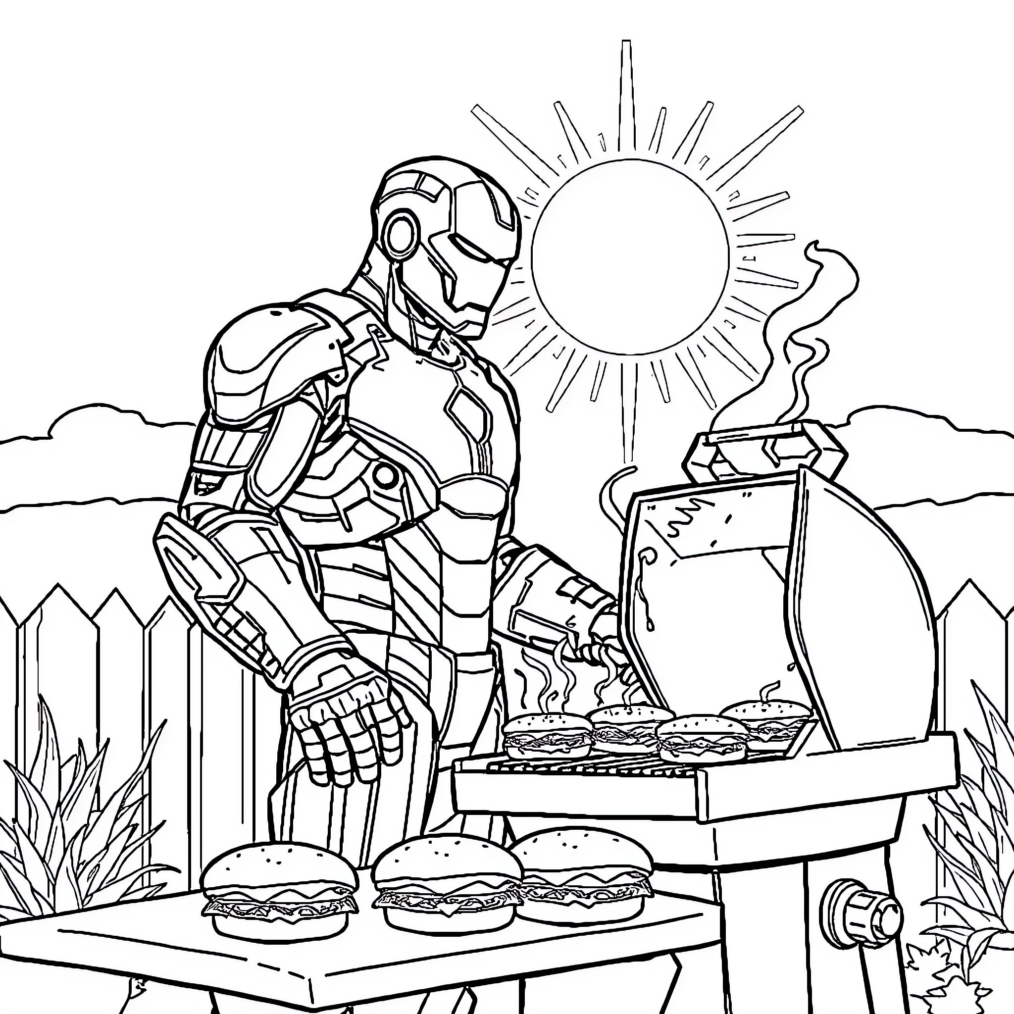 Iron Man Grilling Burgers on a Sunny Day Coloring Page (free black-and-white line drawing printable PDF for all, from beginners to advanced learners, including children, teens, adults, and seniors)