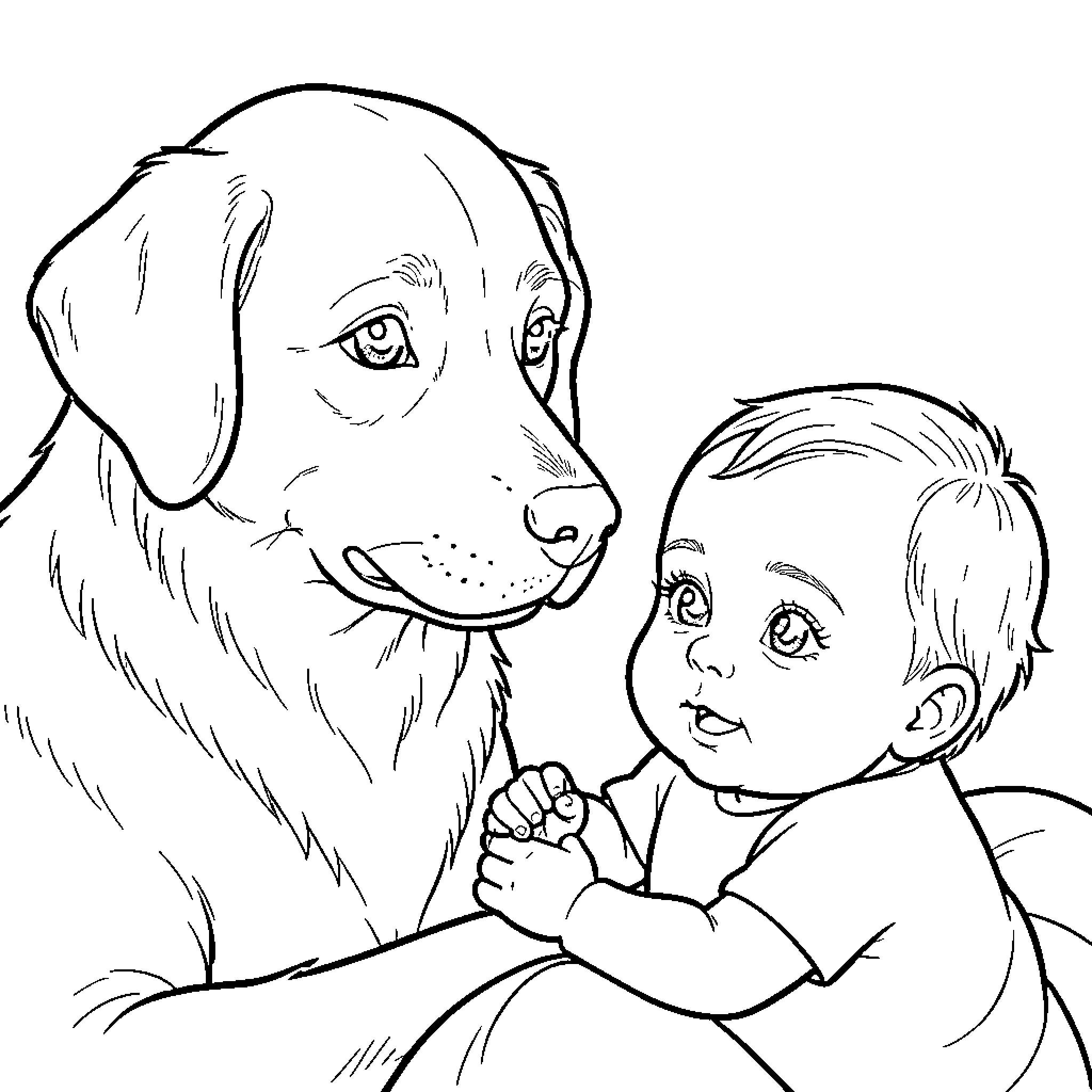Dog looking affectionately at a smiling baby Coloring Page (free black-and-white line drawing printable PDF for all, from beginners to advanced learners, including children, teens, adults, and seniors)