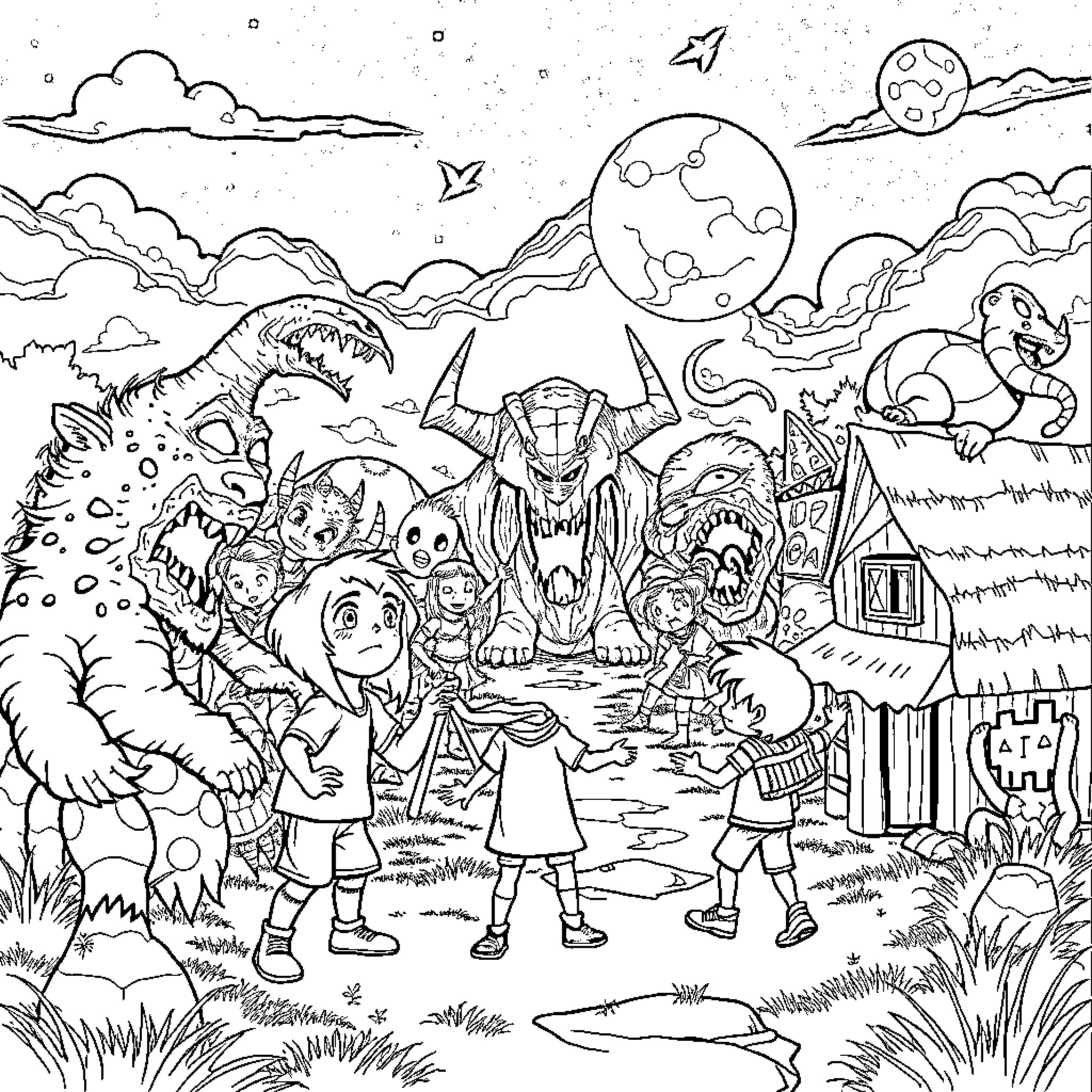 Stranger Things: Kids Explore the Mysterious Otherworldly Landscape Coloring Page (free black-and-white line drawing printable PDF for all, from beginners to advanced learners, including children, teens, adults, and seniors)