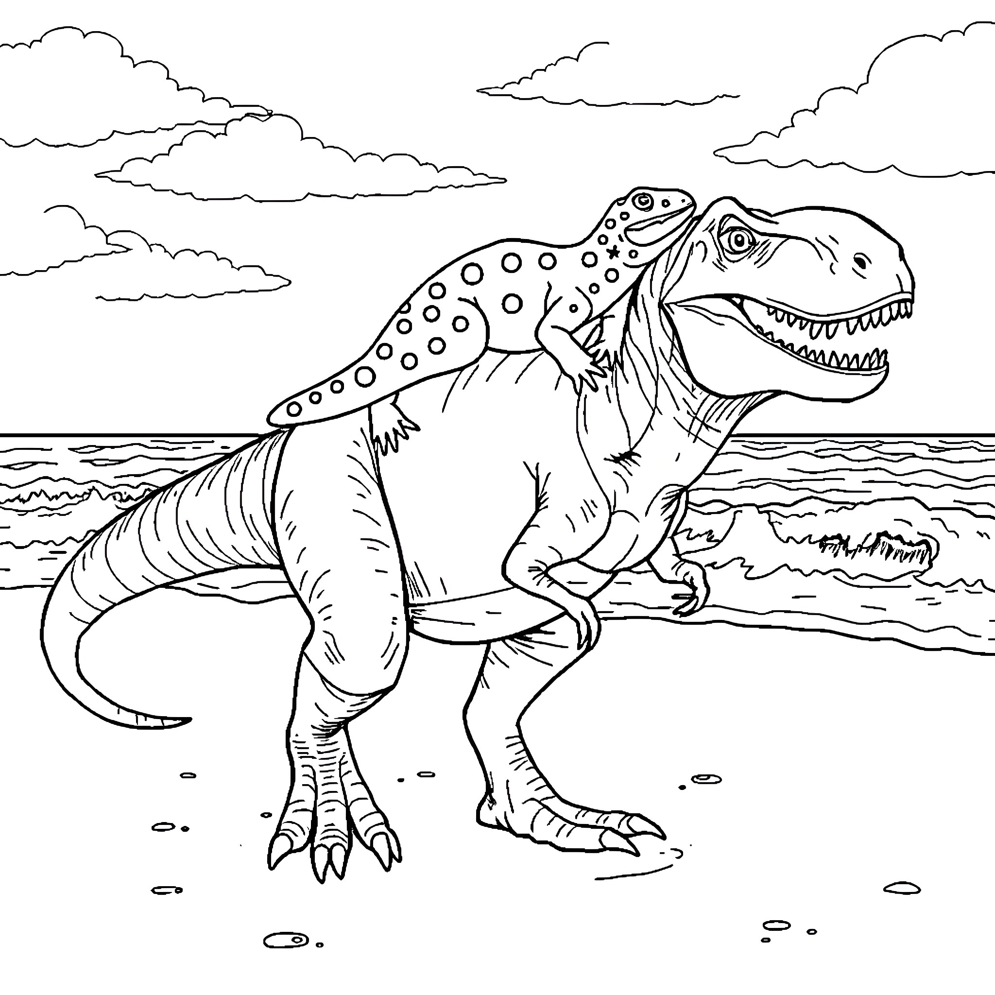 Axolotl Exploring the Coastal Scenery Coloring Page (free black-and-white line drawing printable PDF for all, from beginners to advanced learners, including children, teens, adults, and seniors)