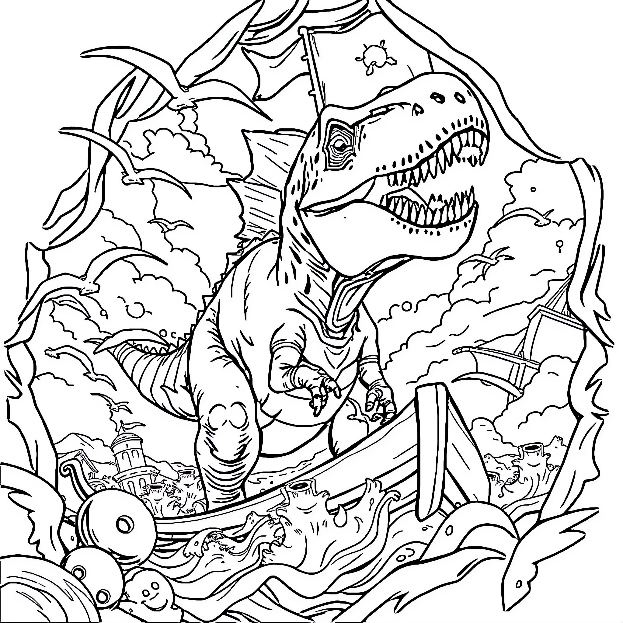 Dinosaur attacking a shipwreck with pirate imagery Coloring Page (free black-and-white line drawing printable PDF for all, from beginners to advanced learners, including children, teens, adults, and seniors)
