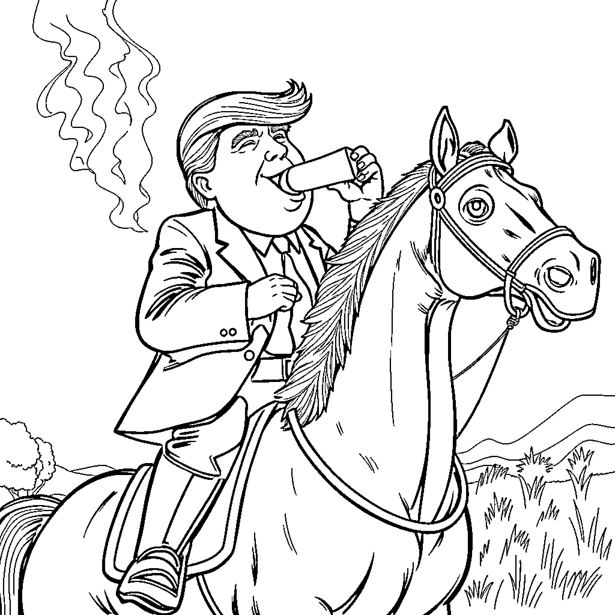Donald Trump riding a horse and smoking Coloring Page (free black-and-white line drawing printable PDF for all, from beginners to advanced learners, including children, teens, adults, and seniors)