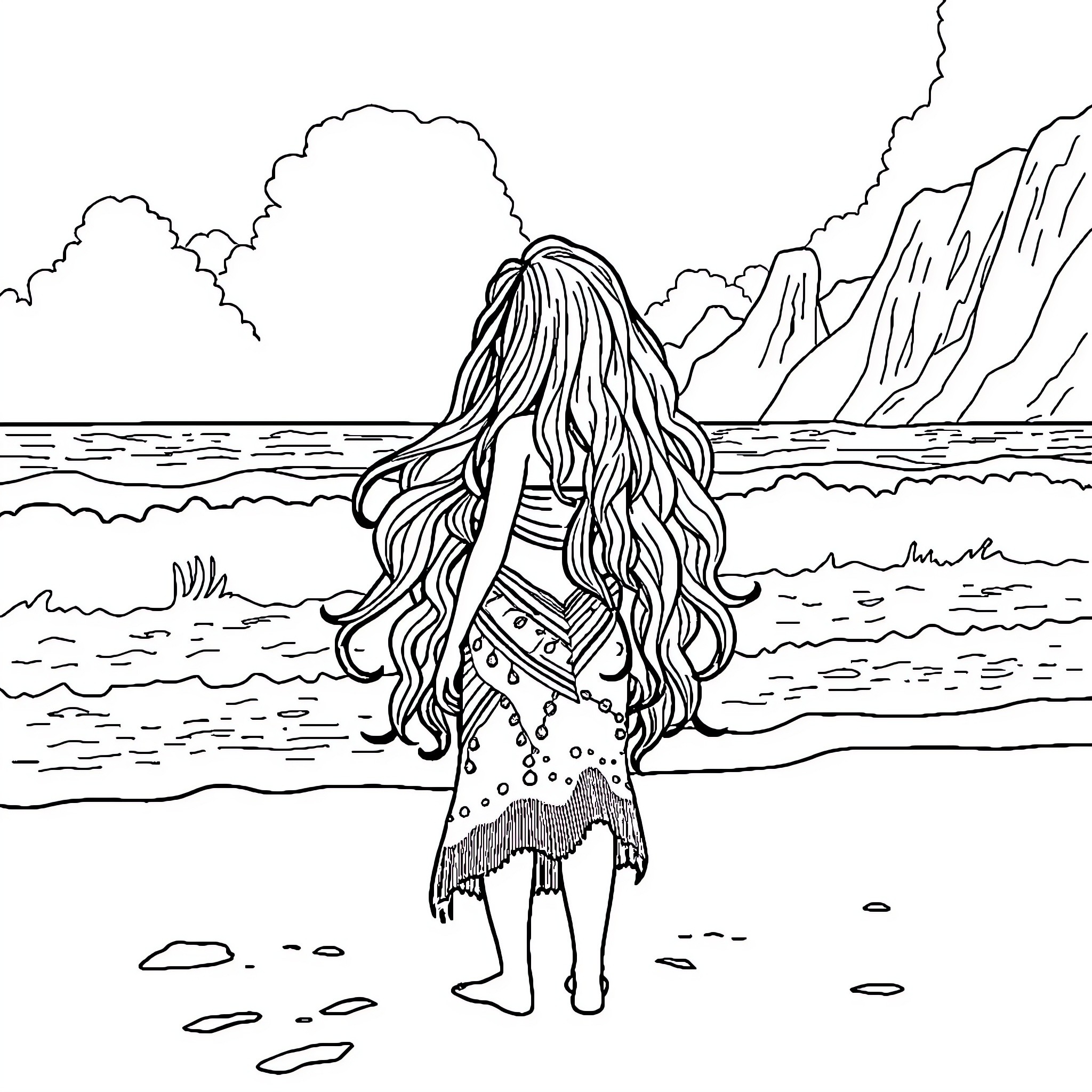 Vaiana gazing at the ocean and mountains Coloring Page (free black-and-white line drawing printable PDF for all, from beginners to advanced learners, including children, teens, adults, and seniors)