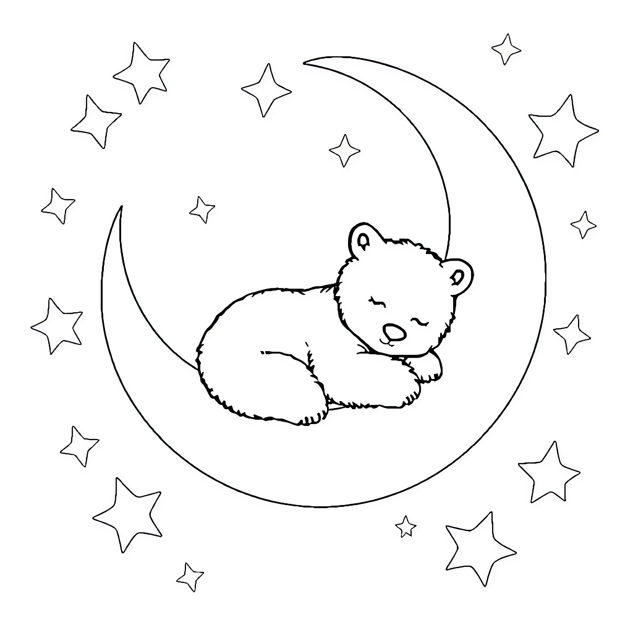 Polar Bear sleeping peacefully under the starry night sky Coloring Page (free black-and-white line drawing printable PDF for all, from beginners to advanced learners, including children, teens, adults, and seniors)