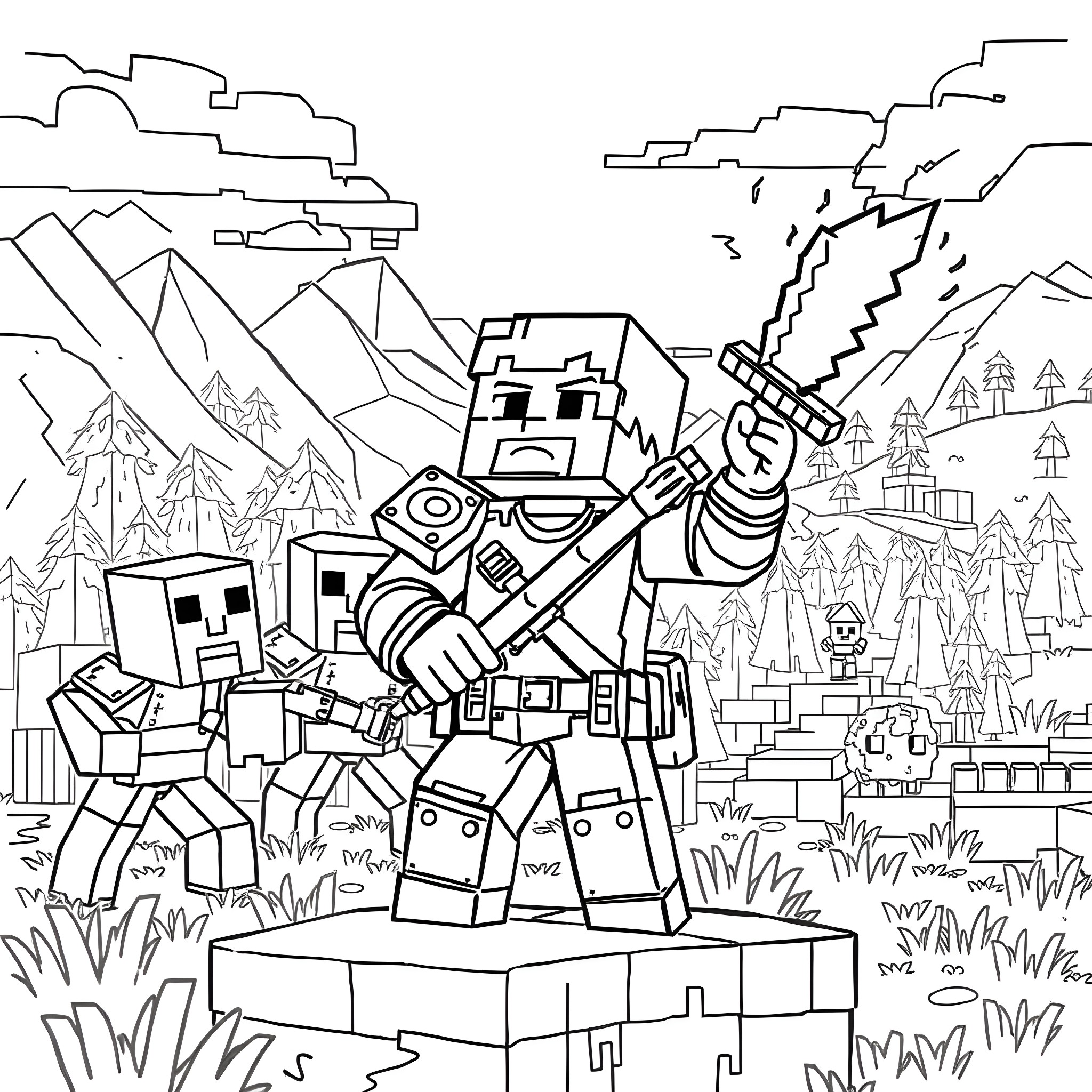 Creeper confrontation in a blocky wilderness Coloring Page (free black-and-white line drawing printable PDF for all, from beginners to advanced learners, including children, teens, adults, and seniors)